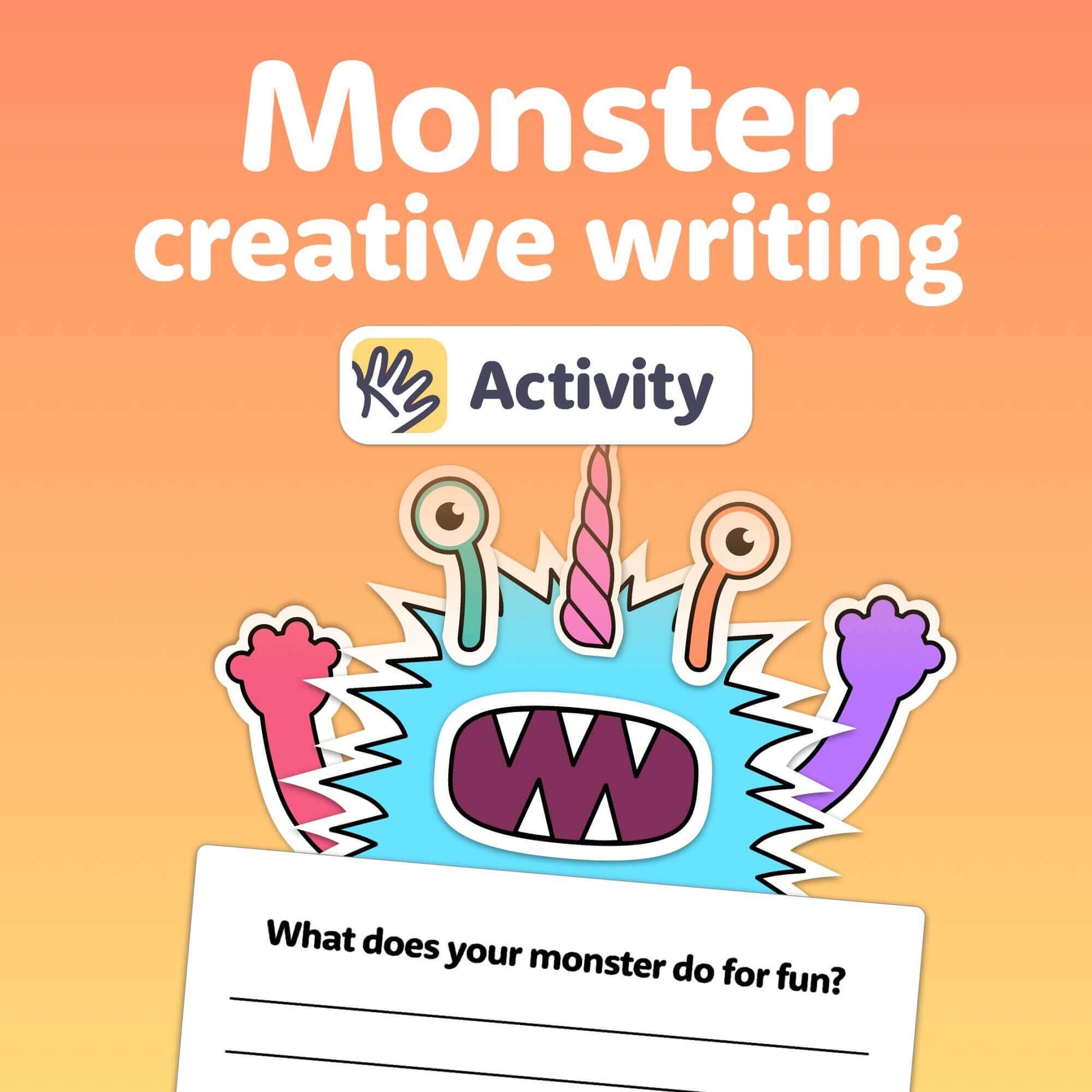 Monster illustration with "Halloween Monster Creative Writing Activity" prompt.