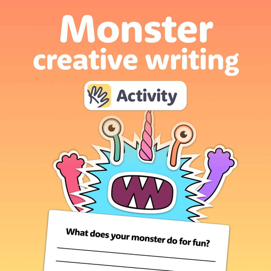 Monster illustration with "Halloween Monster Creative Writing Activity" prompt.