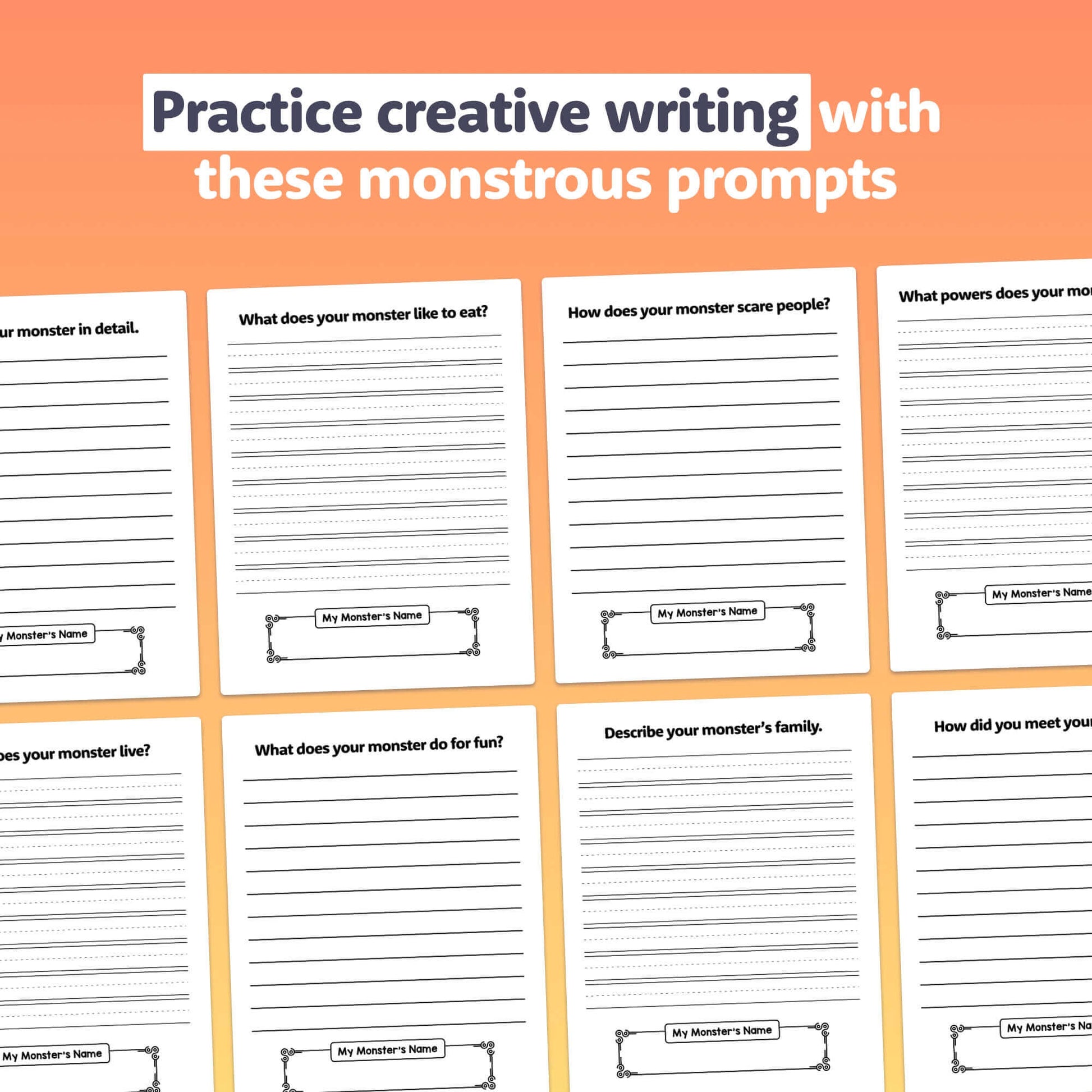 Halloween-themed monster creative writing worksheet for kids. Descriptions of monster traits.