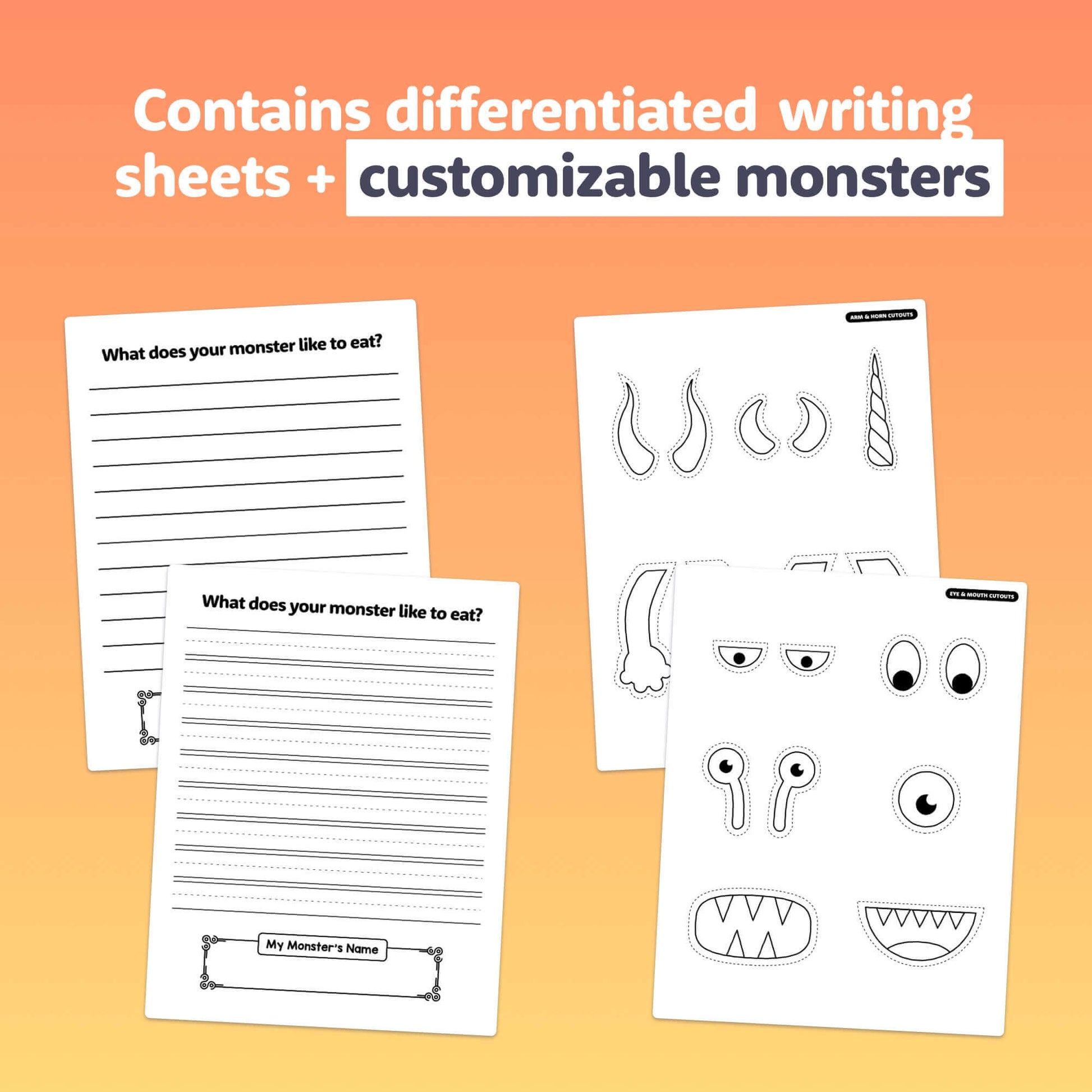 Halloween monster writing activity with writing sheets and customizable monster parts.