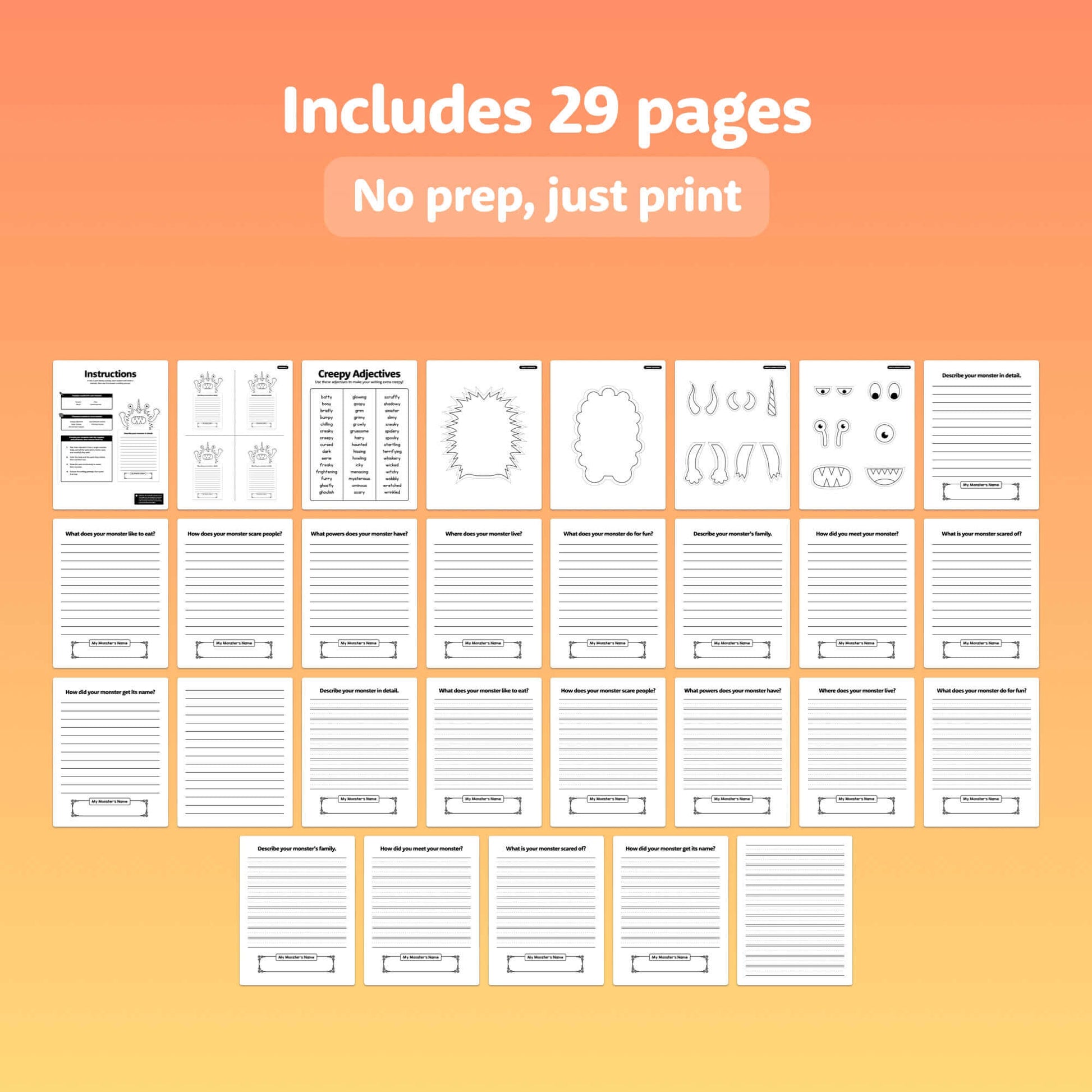 Image of 29-page Halloween Monster Creative Writing Activity pack and worksheets.