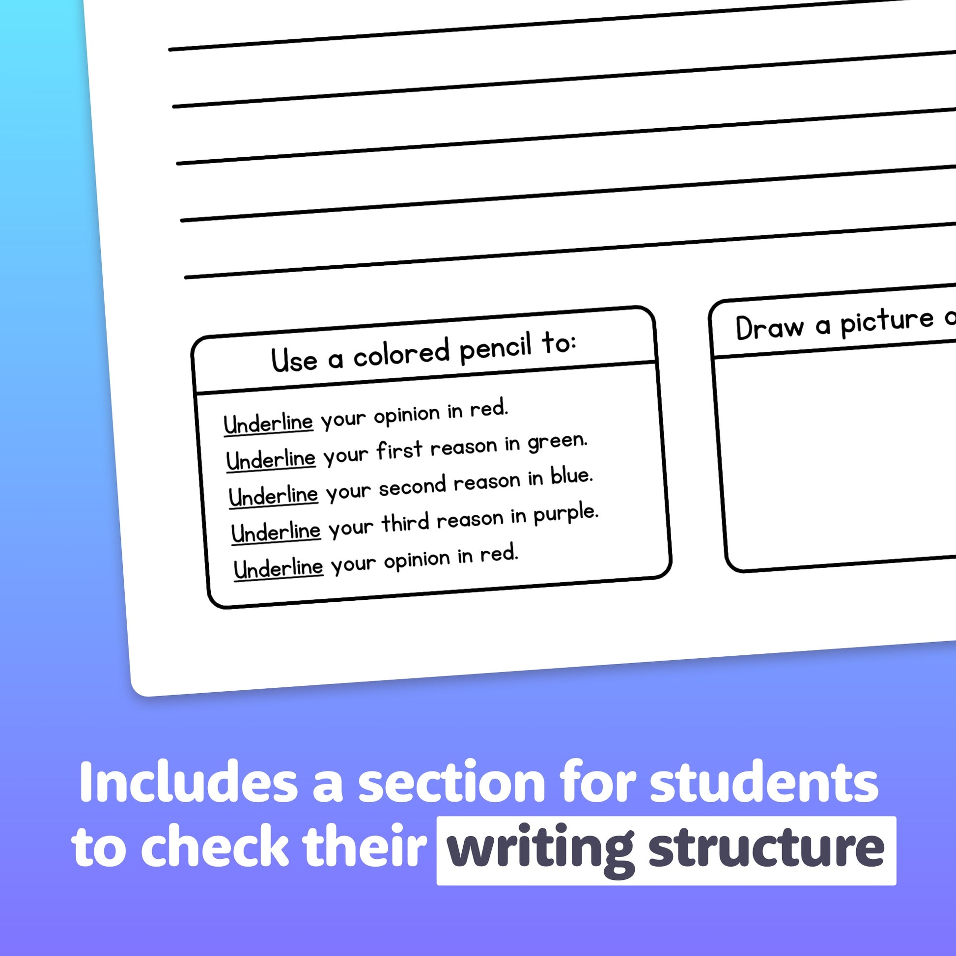 Opinion Writing Worksheets with instructions for underlining responses, drawing.