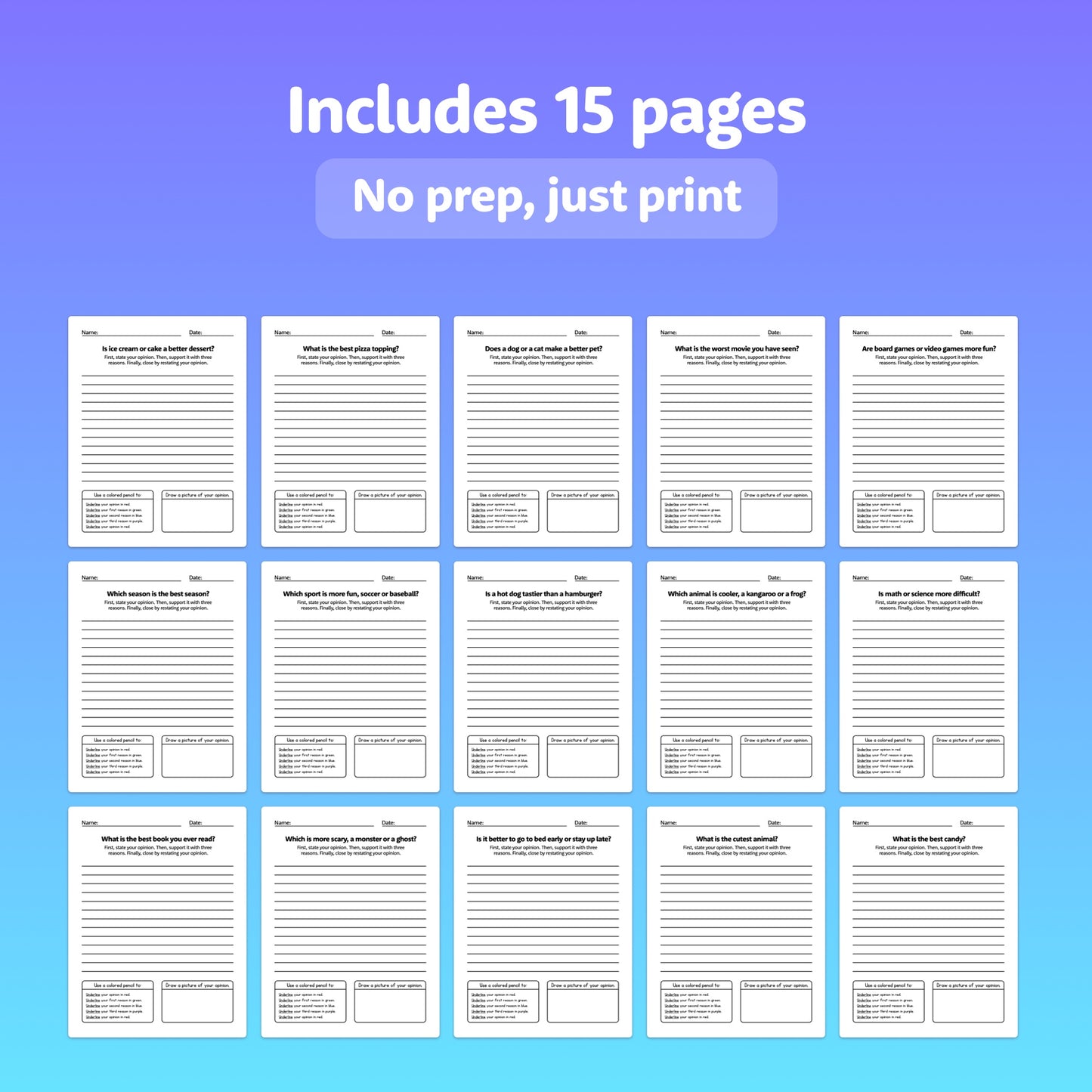15 printable Opinion Writing Worksheets with various prompts.