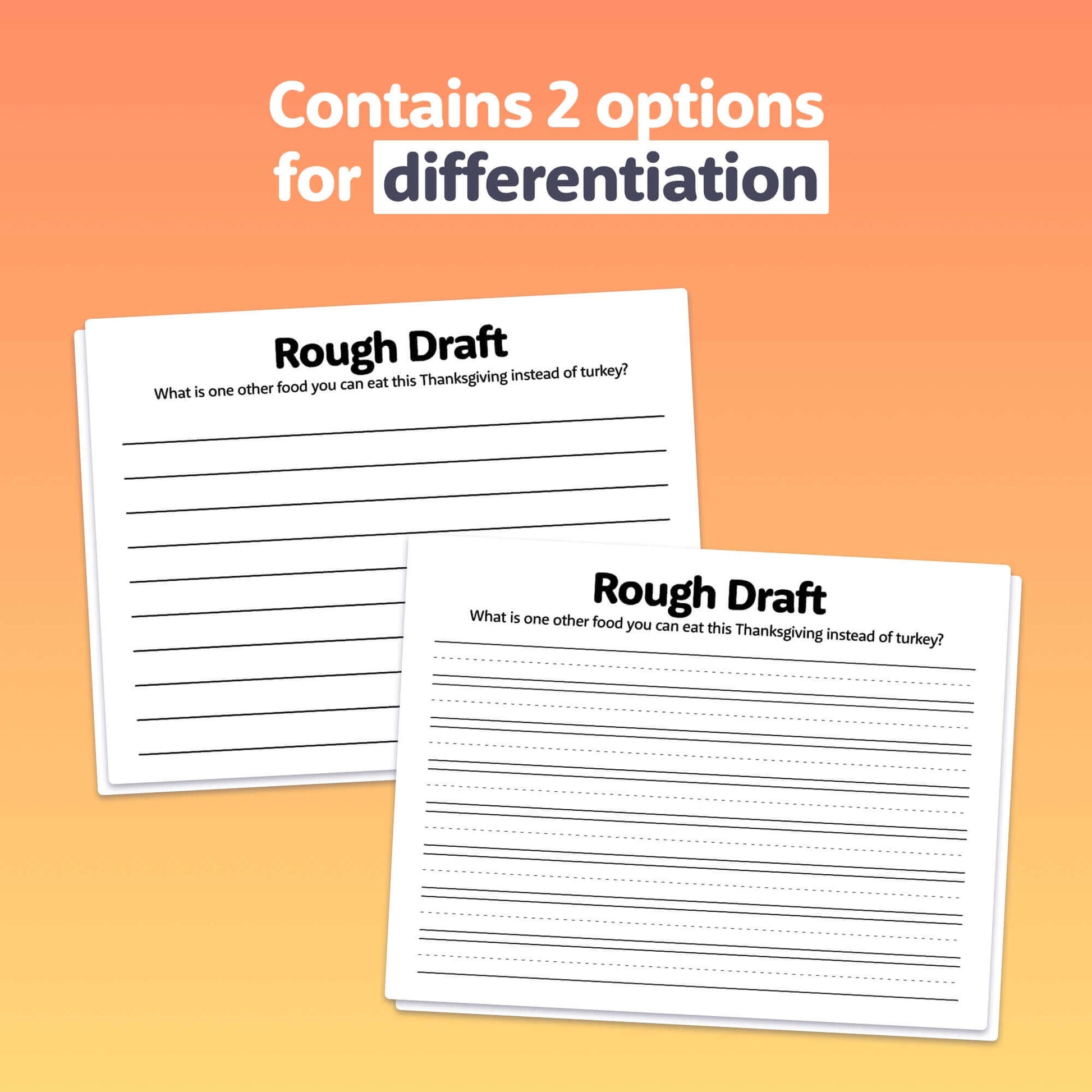 Two worksheets titled "Rough Draft" with writing lines and a Thanksgiving question.