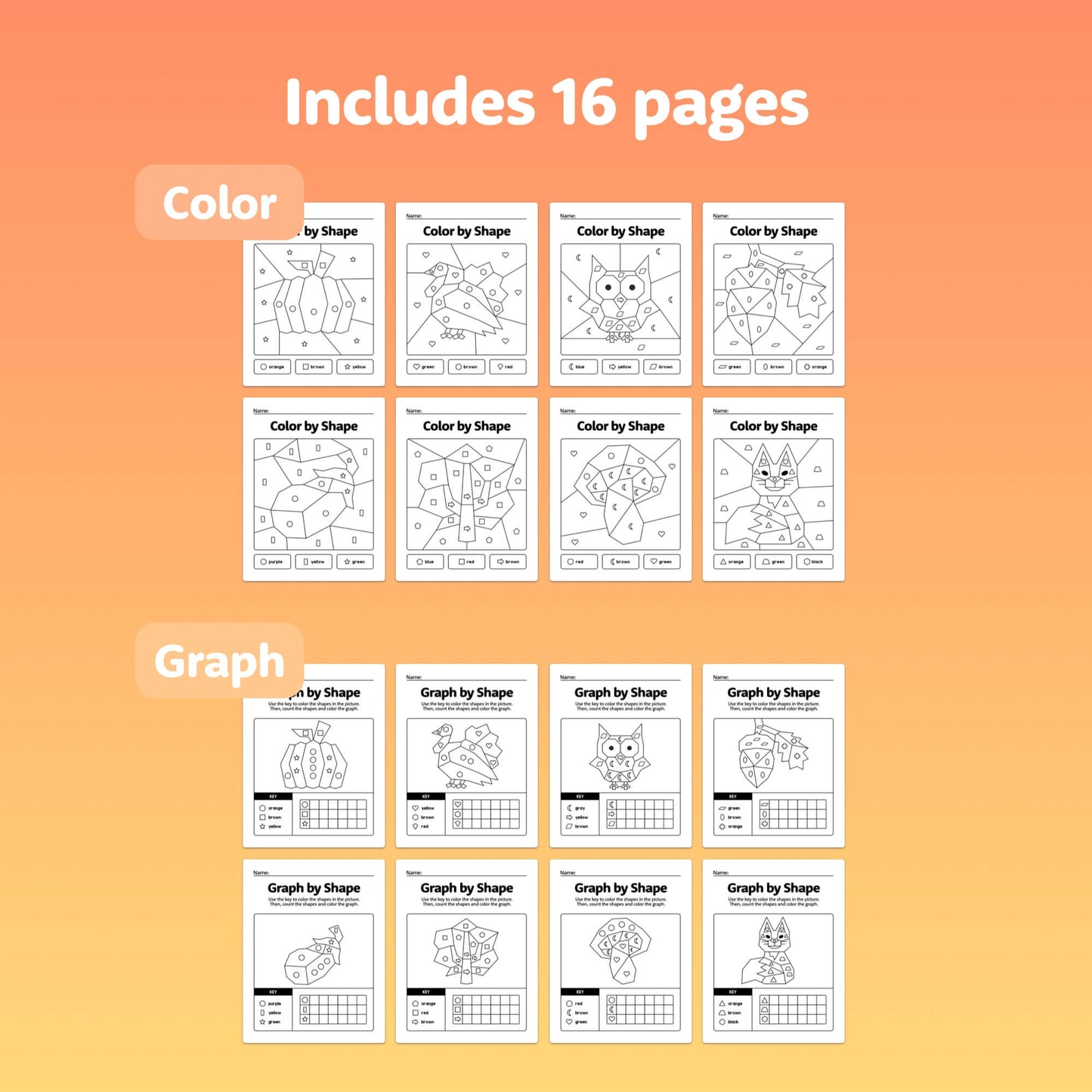Autumn 2d Shapes: Color & Graph Worksheets