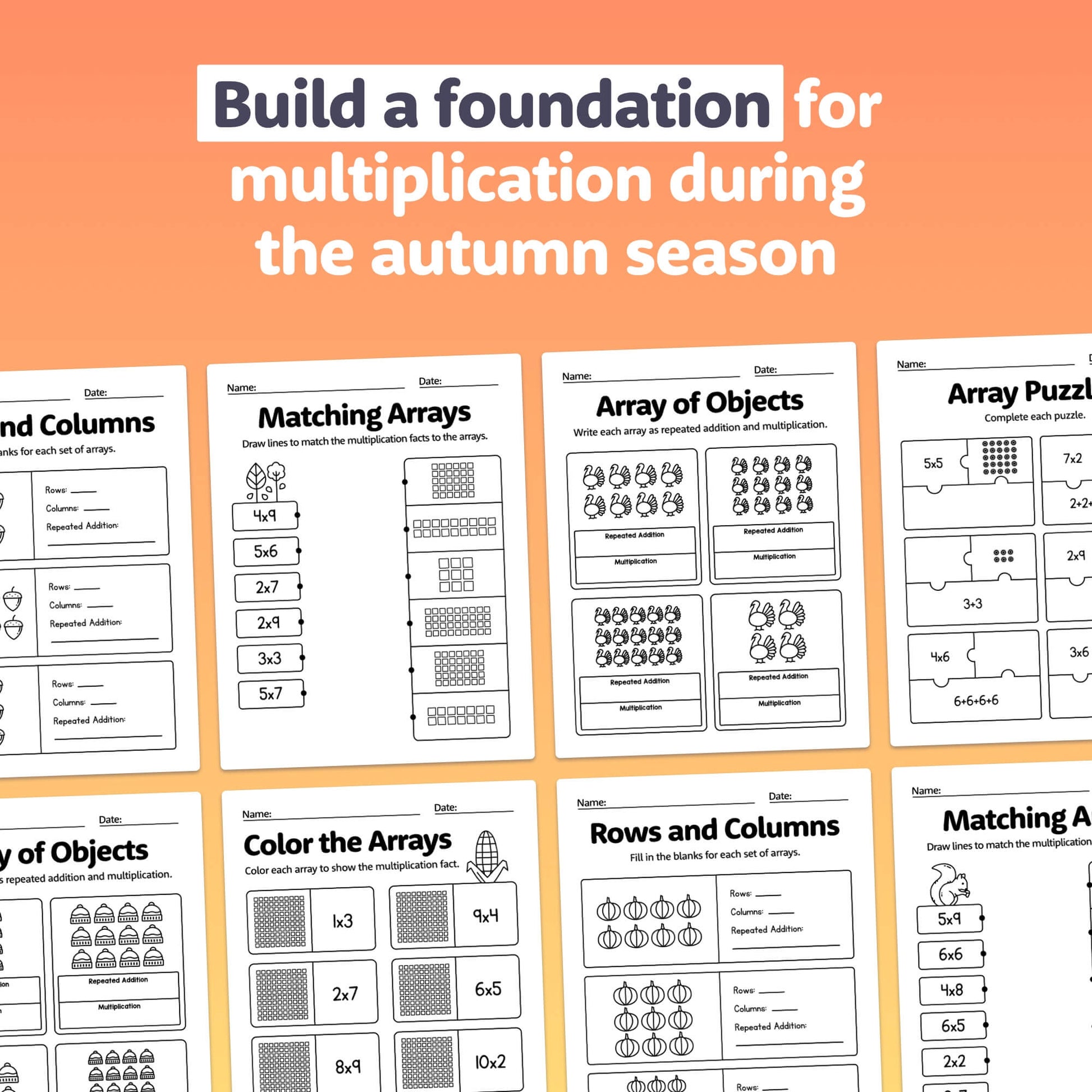 Worksheets showing multiplication with arrays.