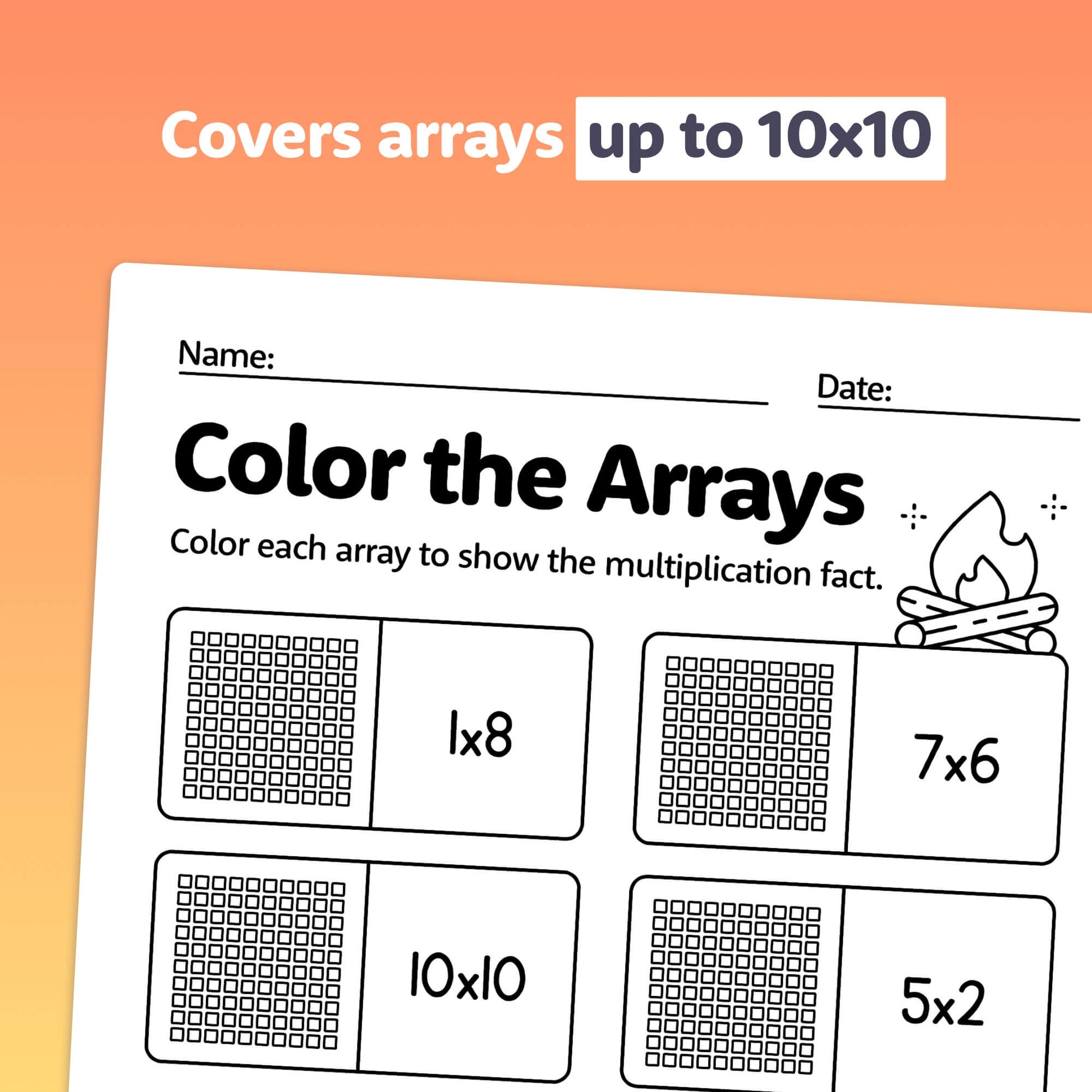 Worksheets on multiplication with arrays up to 10x10 include problems like 1x8 and 7x6.