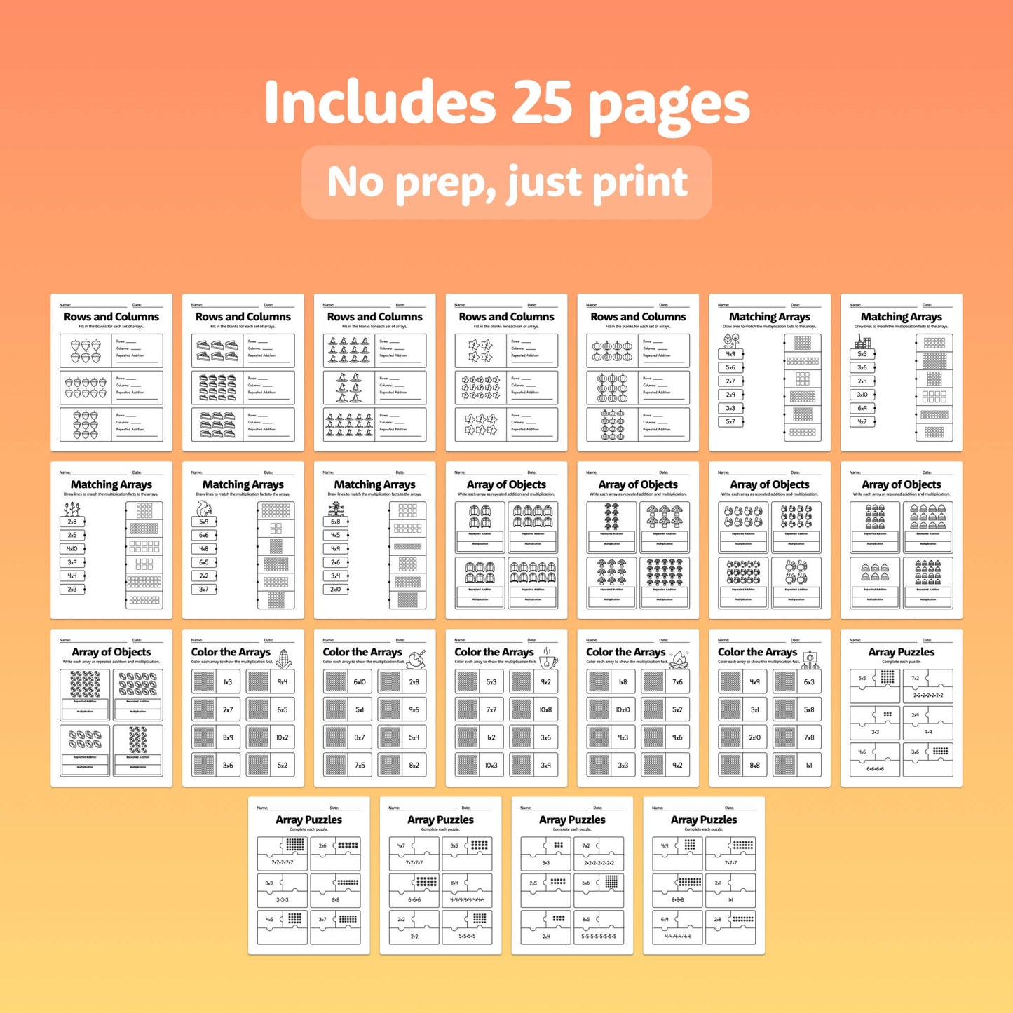 Preview of 25 printable worksheets showing rows, columns, and arrays.