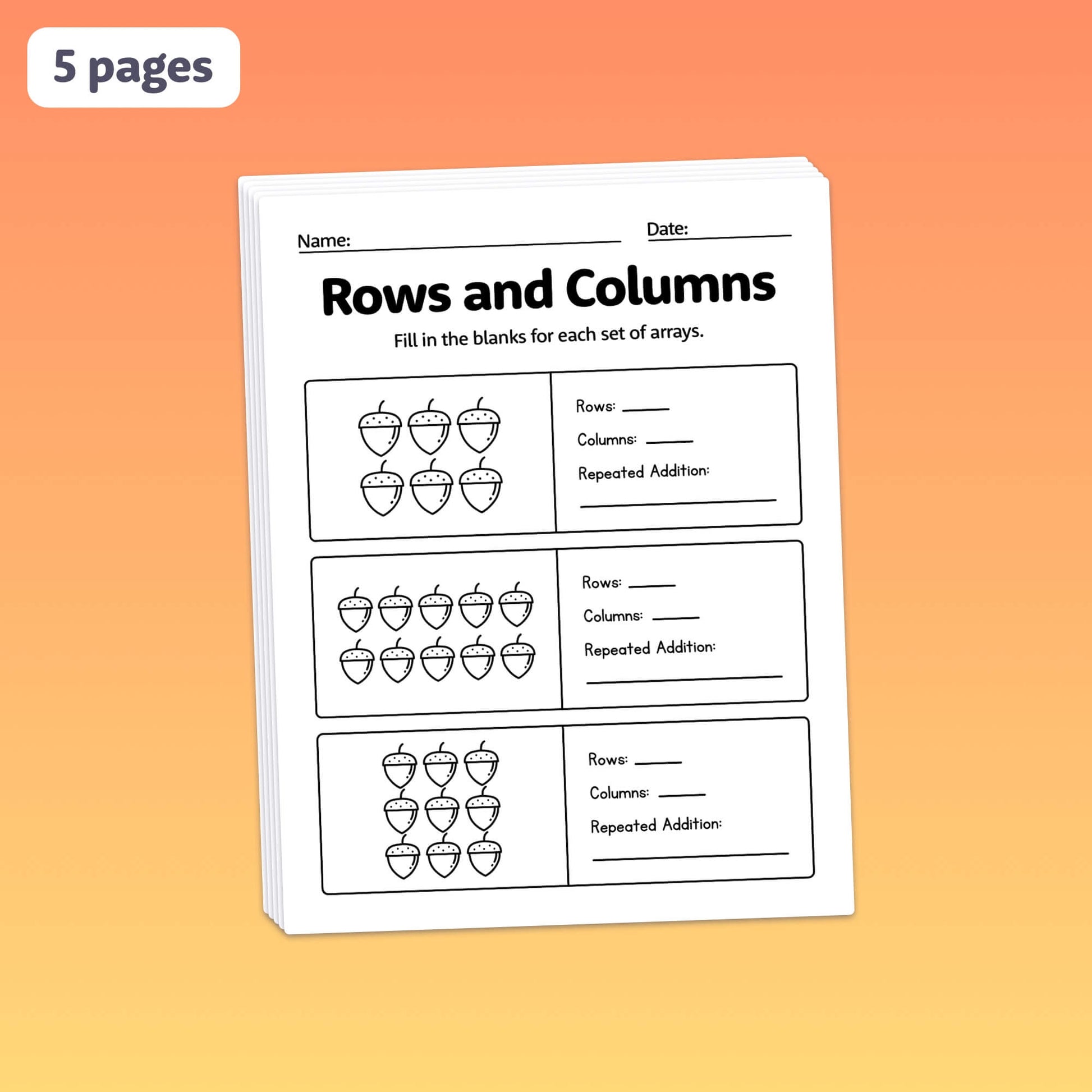 Worksheet titled "Autumn Arrays Worksheets" with acorn illustrations and blank sections.