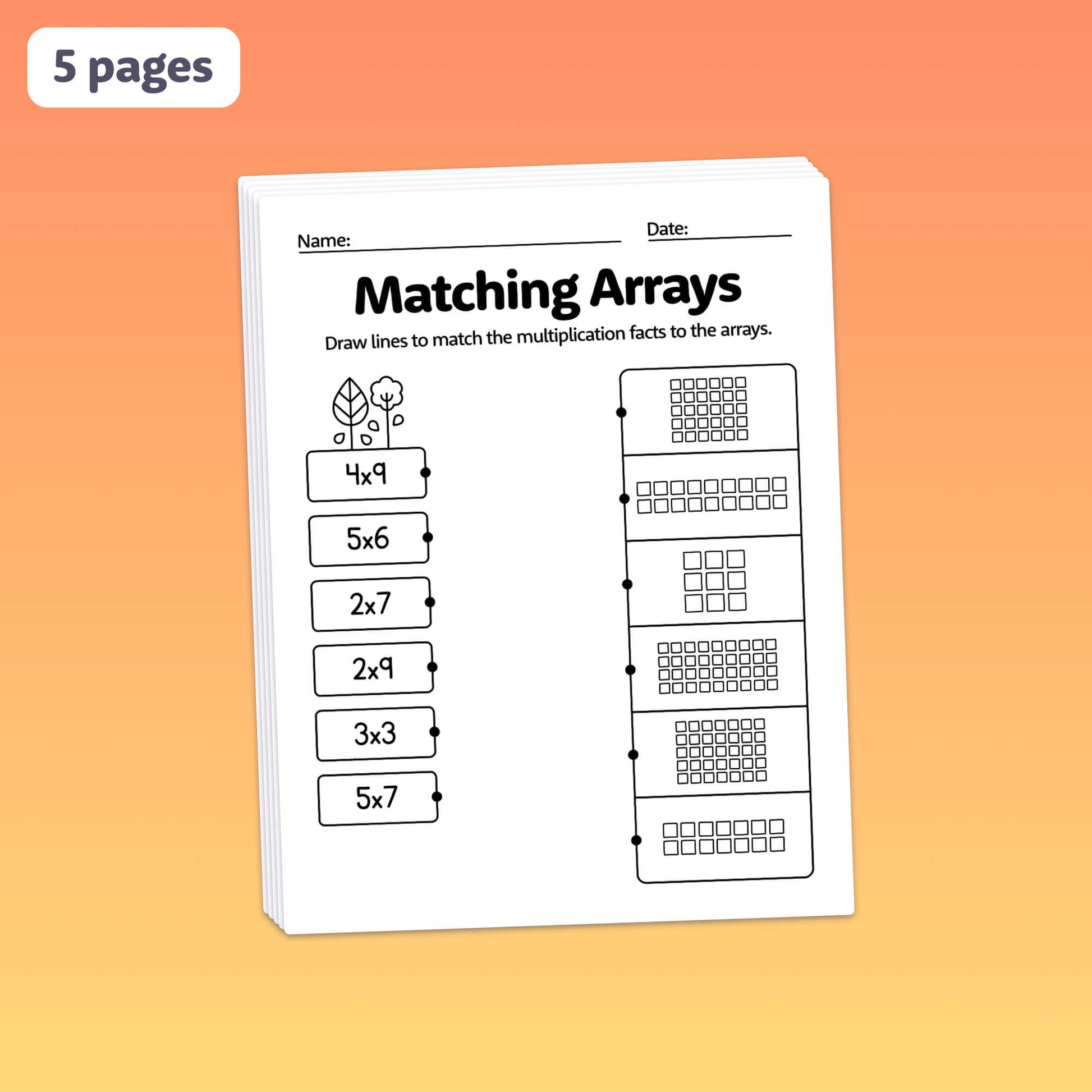 Worksheet titled "Autumn Arrays Worksheets" with multiplication problems and arrays.