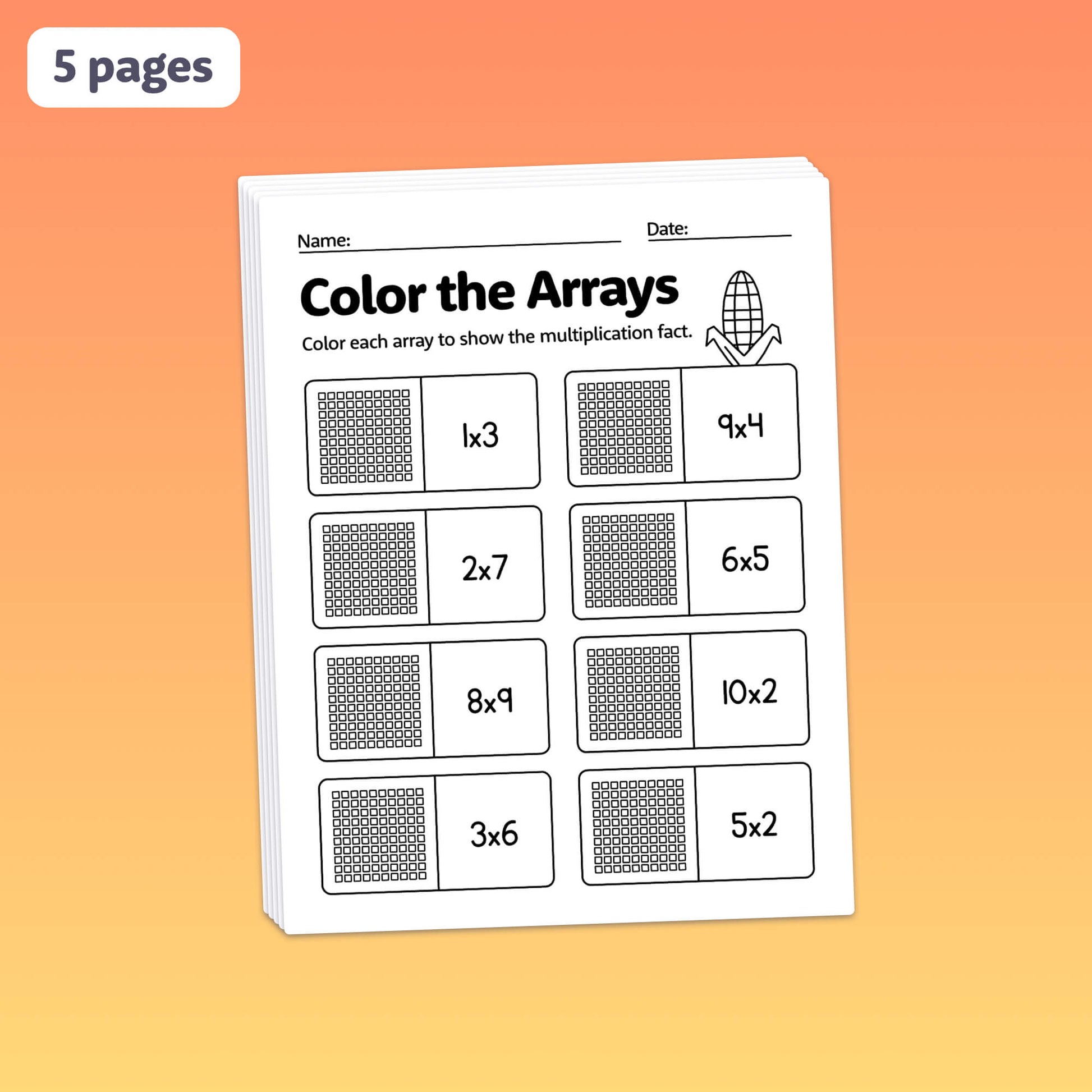 Worksheet titled "Autumn Arrays Worksheets" with multiplication arrays.