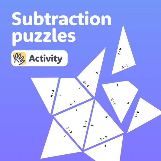 Printable PDF with puzzle pieces showing subtraction problems.