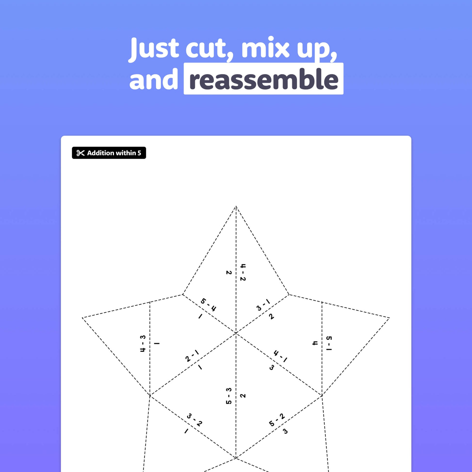 Star-shaped puzzles with subtraction equations and assembly instructions.