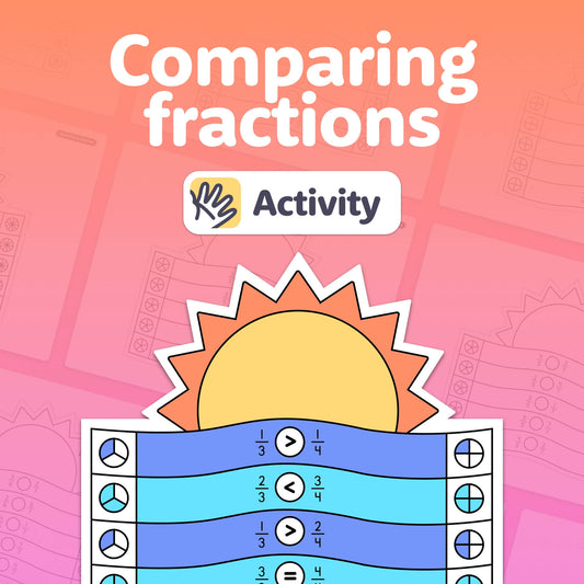 Sunset-themed comparing fractions activity with sun and comparison symbols.