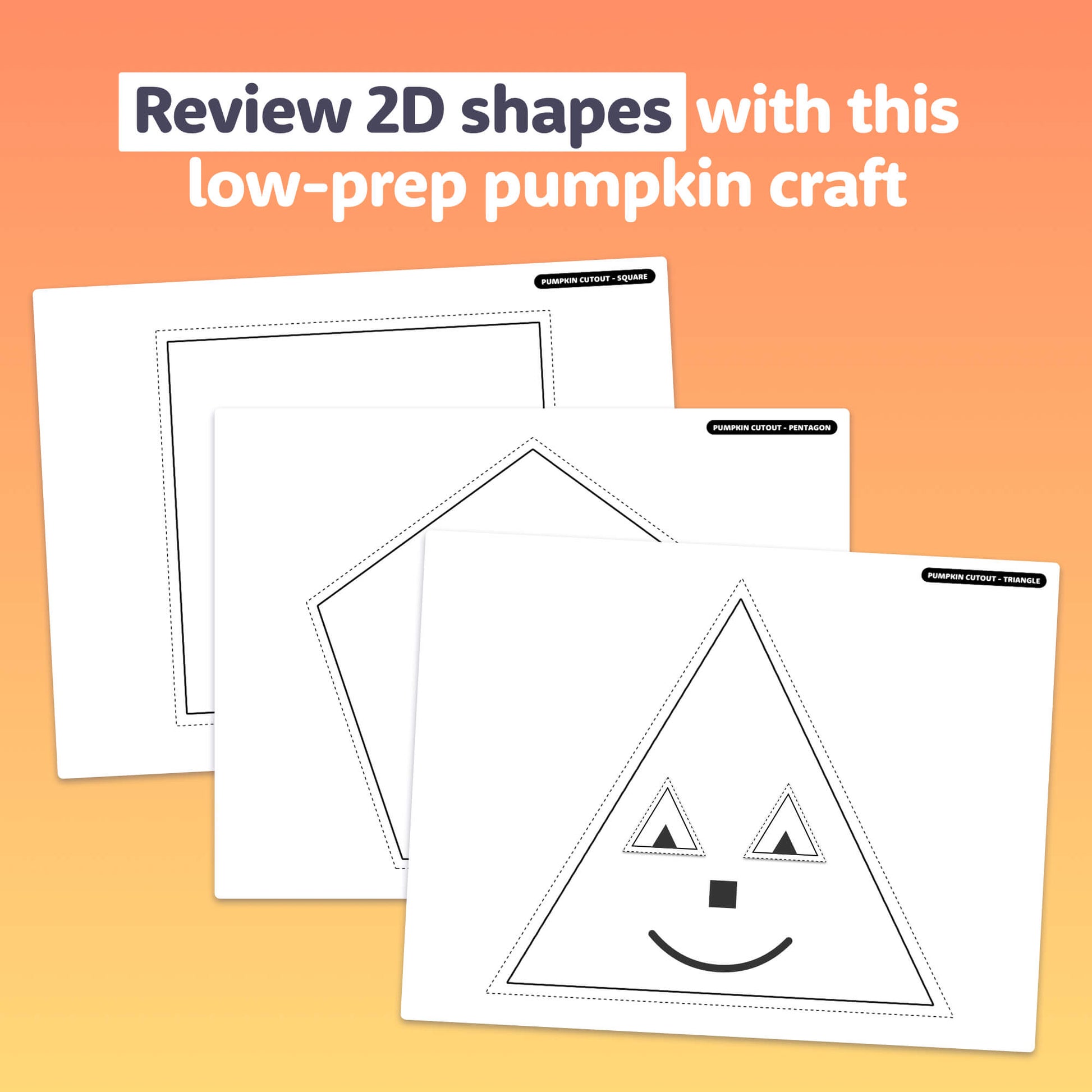 Three Halloween worksheets to review 2D shapes with pumpkin activities.