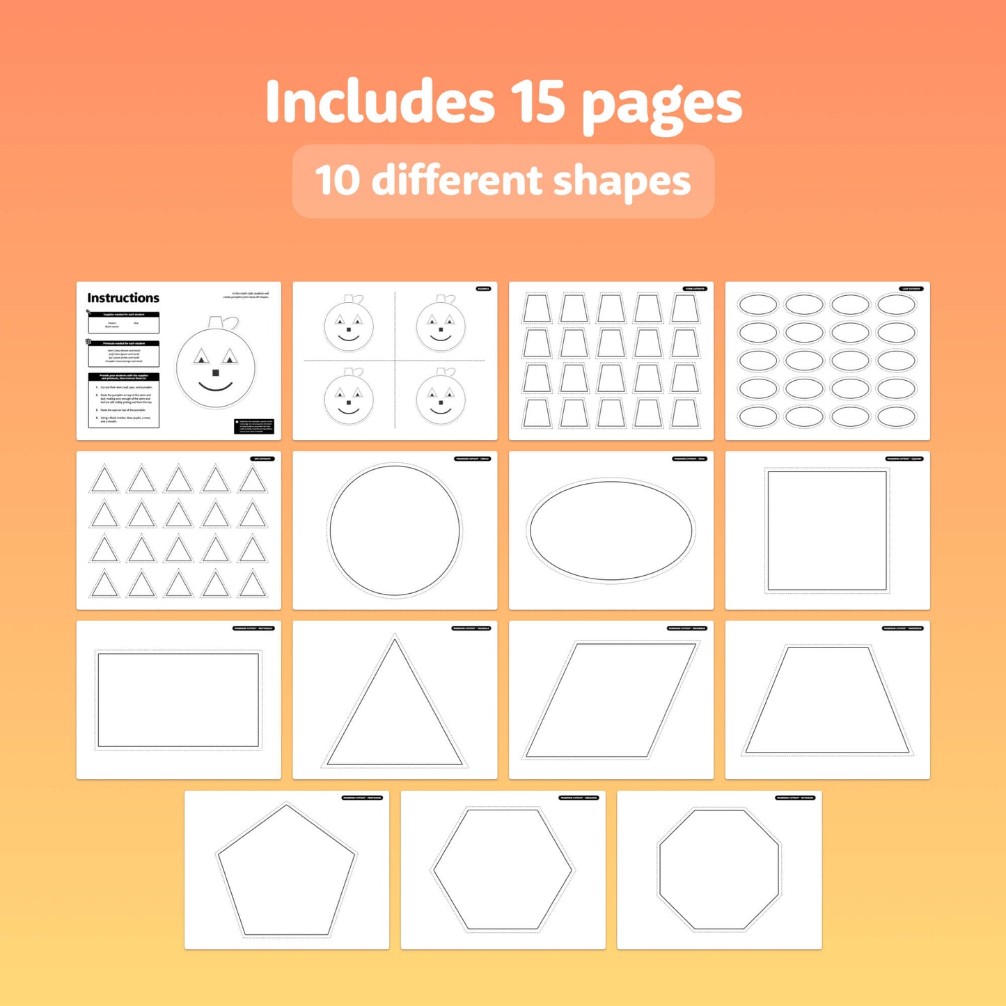 A chart with 15 pages showing various shapes.