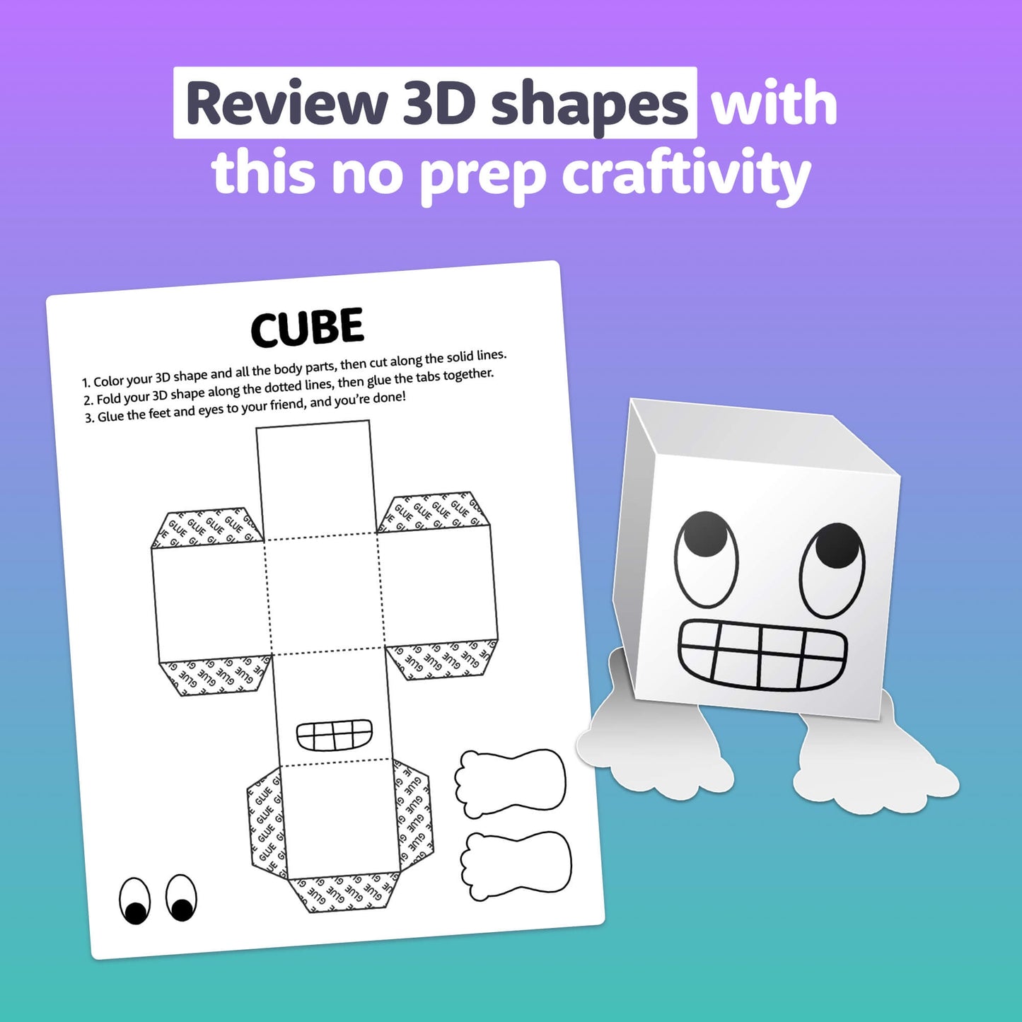 Worksheet for assembling a 3D shape cube with facial features.