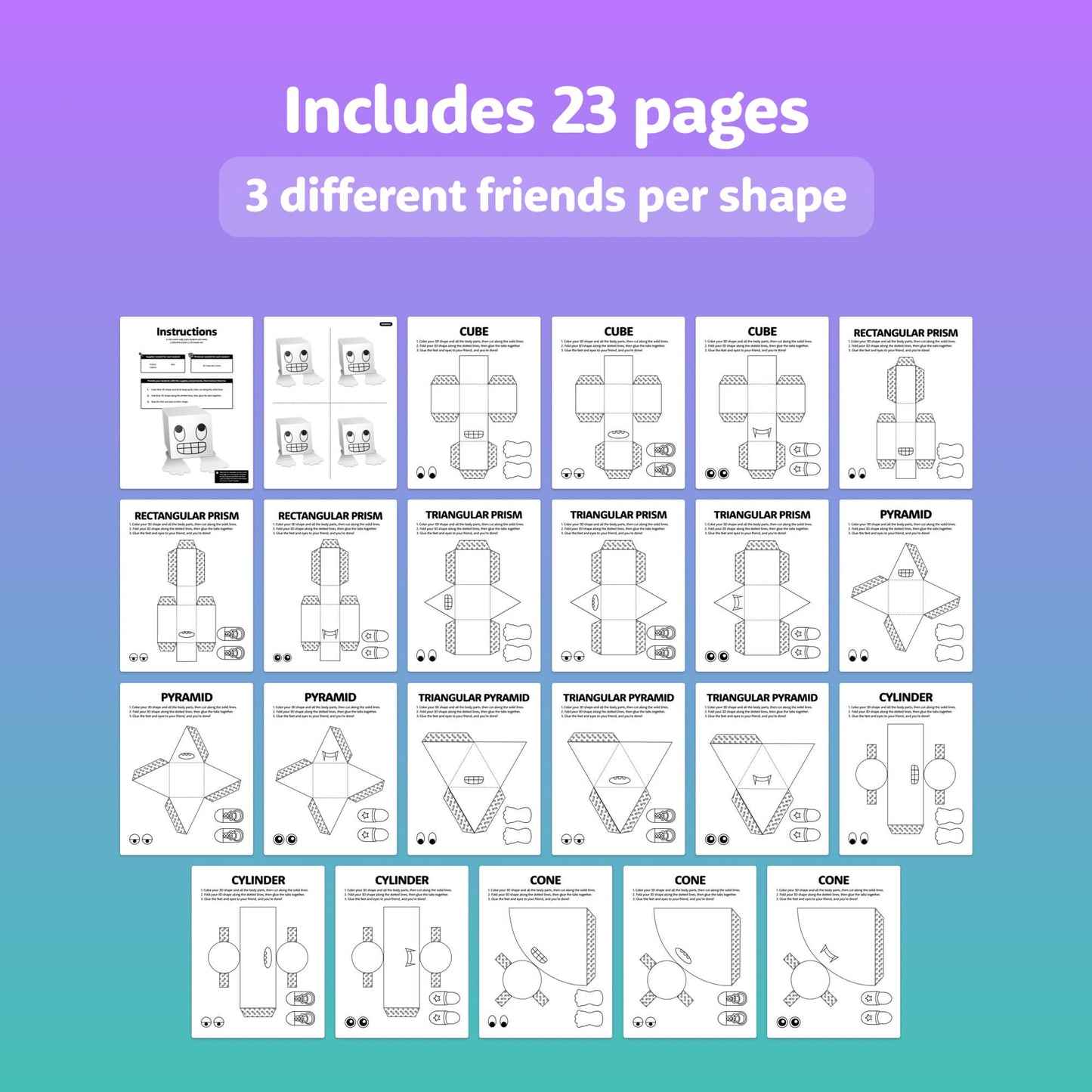 23 printable templates of 3D shape crafts.