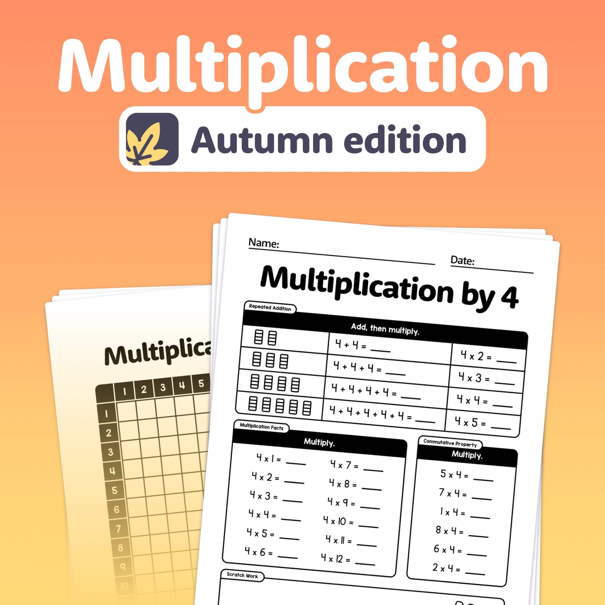 Multiplication worksheets with exercises for multiplying by 4.