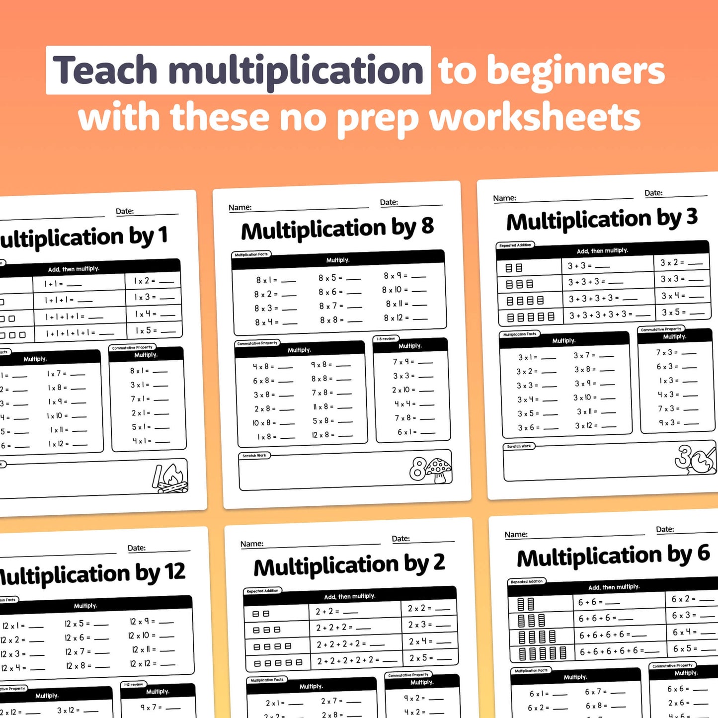 Multiplication worksheets with templates for different numbers.