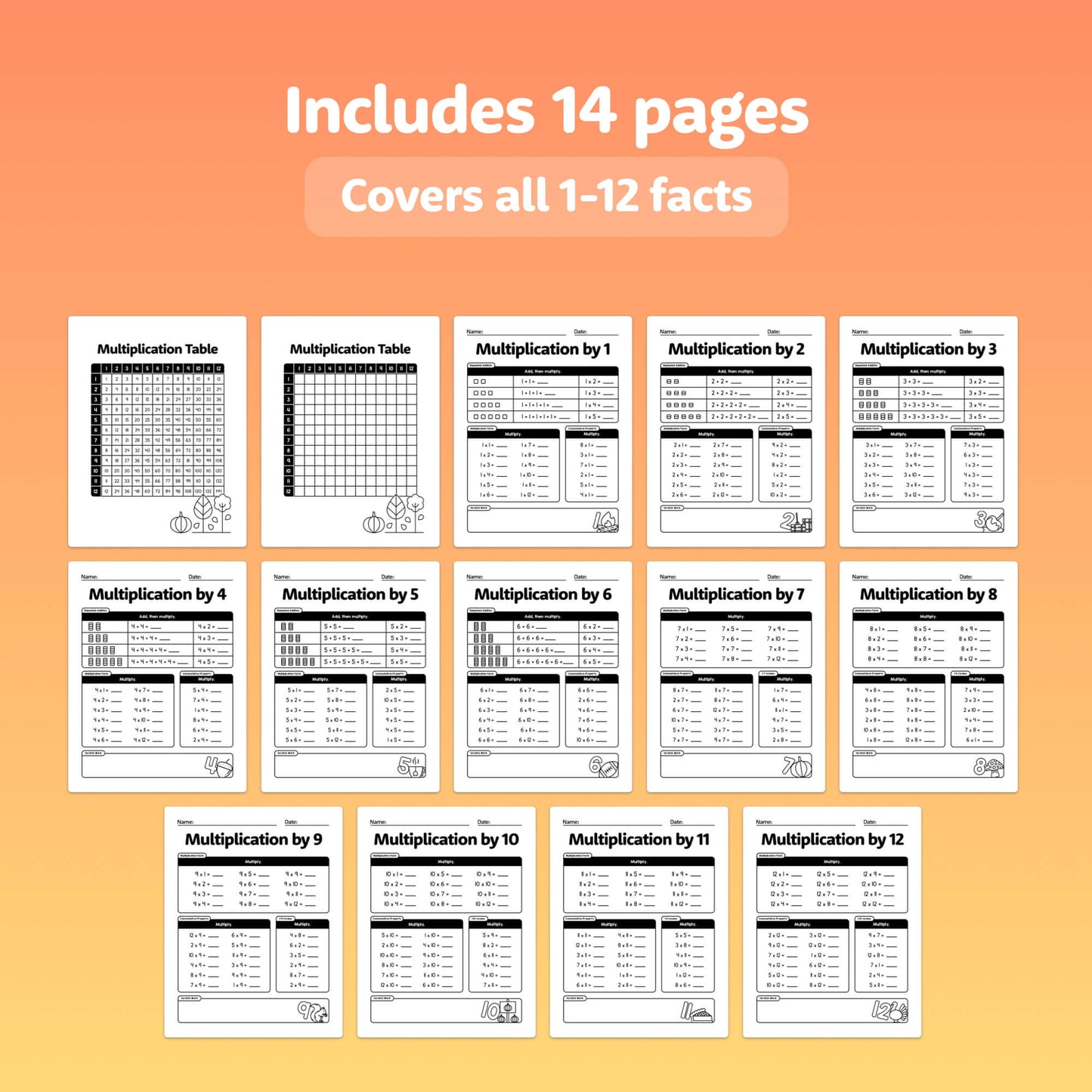 14-page set of multiplication worksheets for tables 1-12.