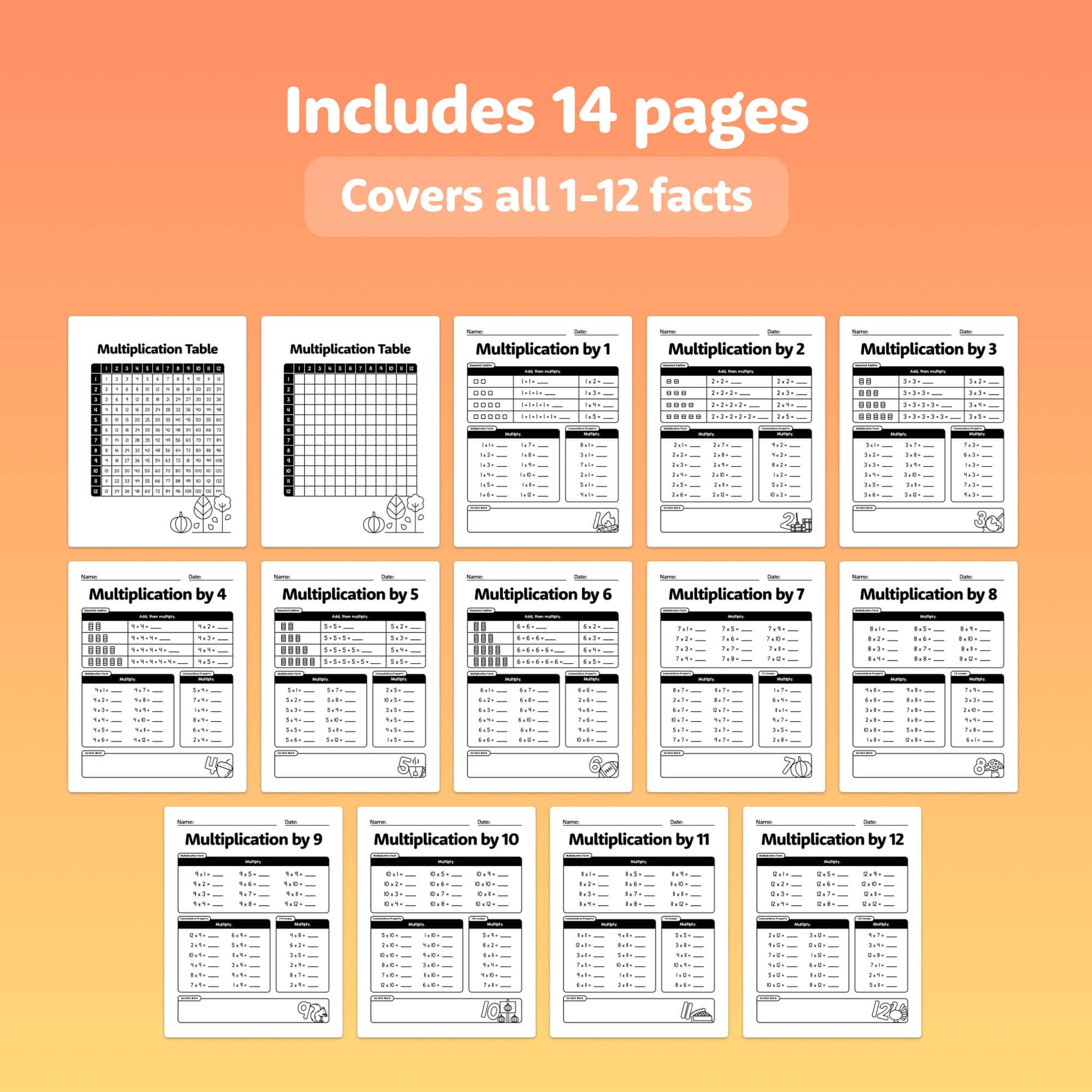 14-page set of multiplication worksheets for tables 1-12.