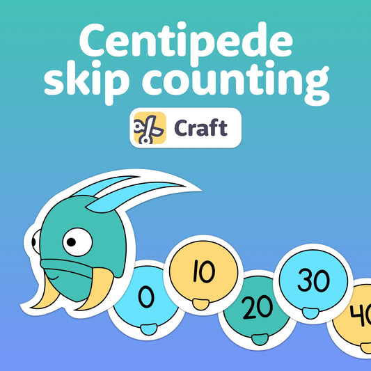 Illustration of a centipede for skip counting by tens, labeled "Centipede Skip Counting Craft.