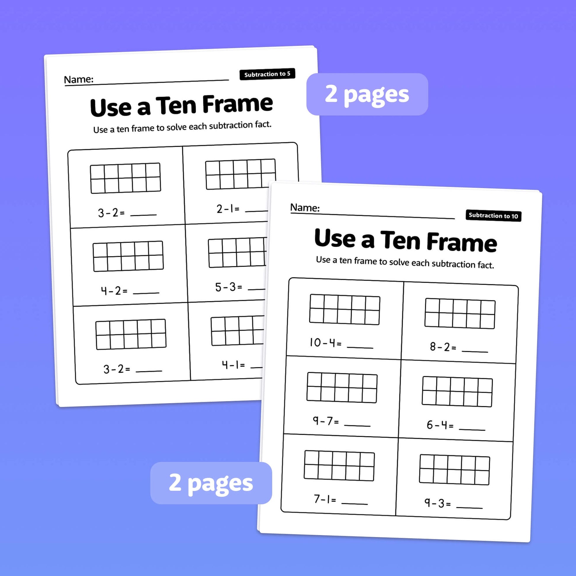 Subtraction ten frame worksheets