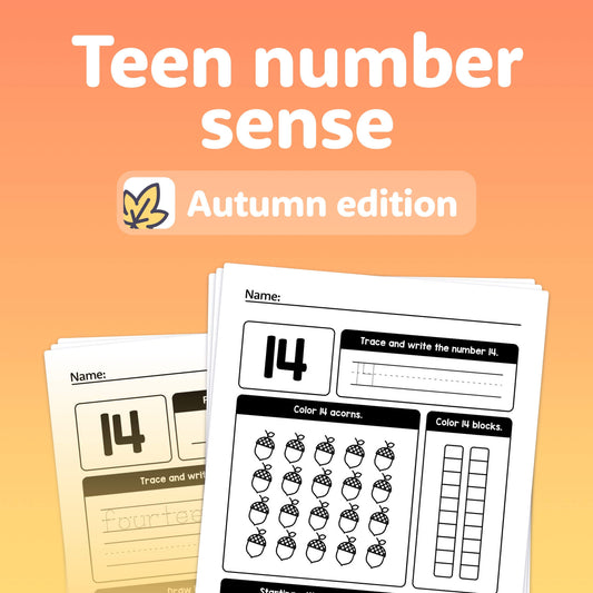 Educational worksheets focused on autumn-themed teen number sense activities.