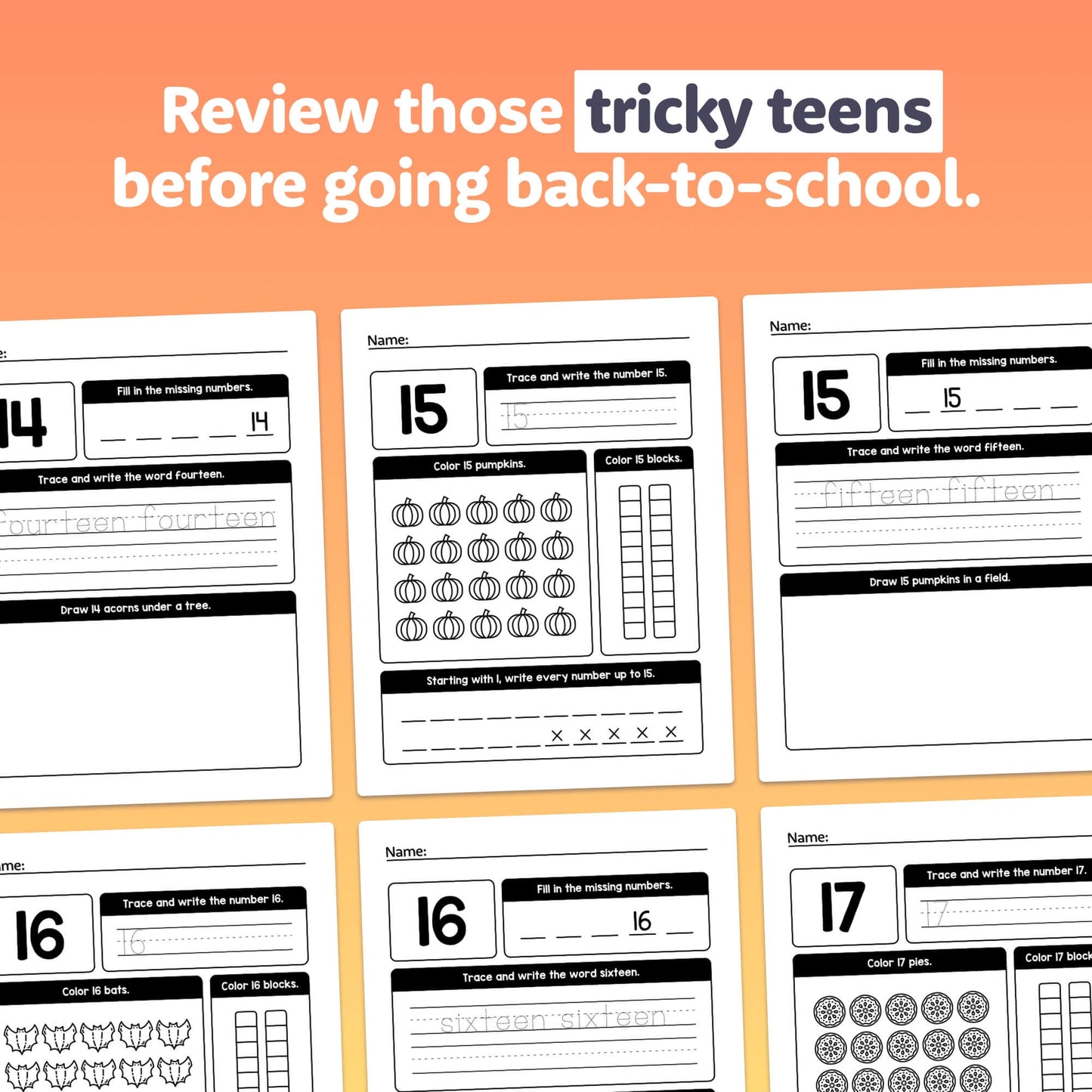 Worksheets for numbers 14-19 with autumn and back-to-school themes.