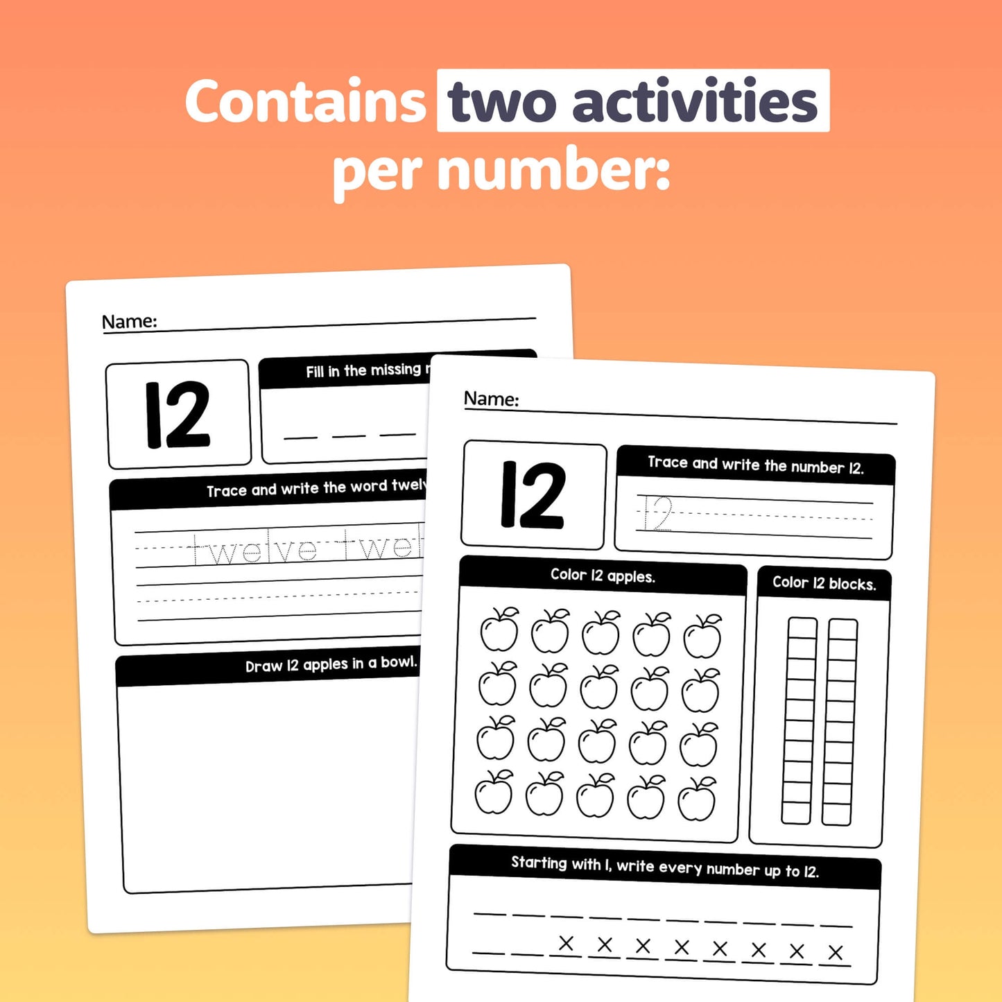 Two worksheets for learning and practicing the number 12.