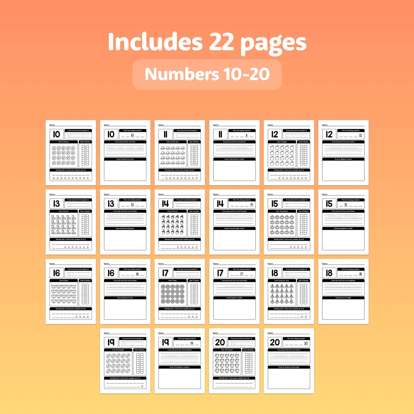 Teen Number Sense Worksheets for numbers 10-20, displaying 22 pages.