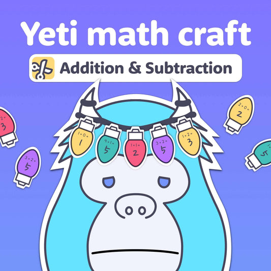 Winter Yeti Math Craft with numbered lights for addition and subtraction.