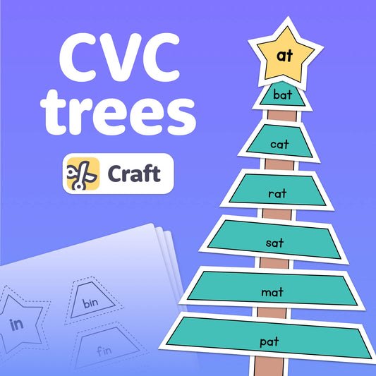 Illustrated paper tree shapes with examples of CVC words.