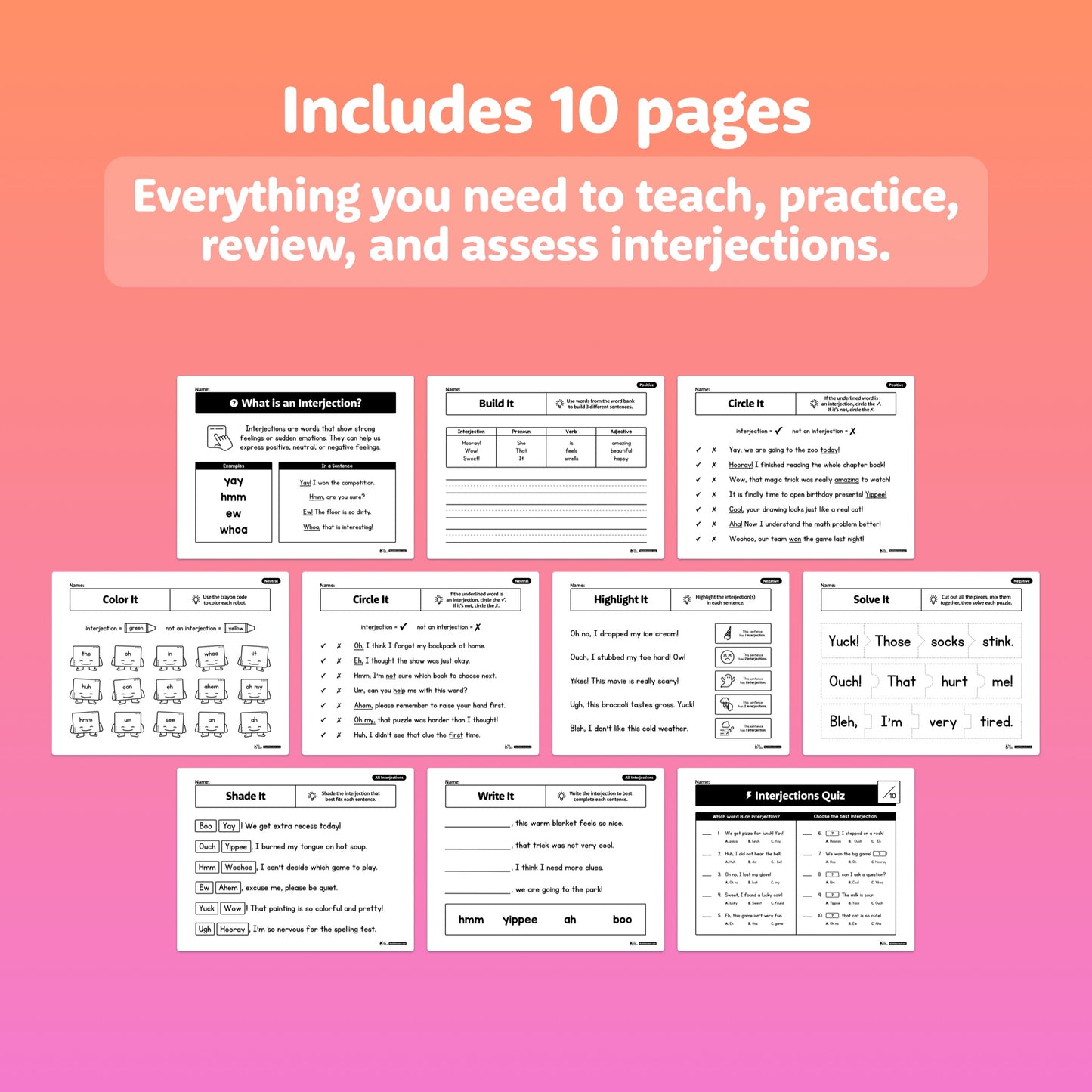 Preview showing 10 worksheets focused on interjections.