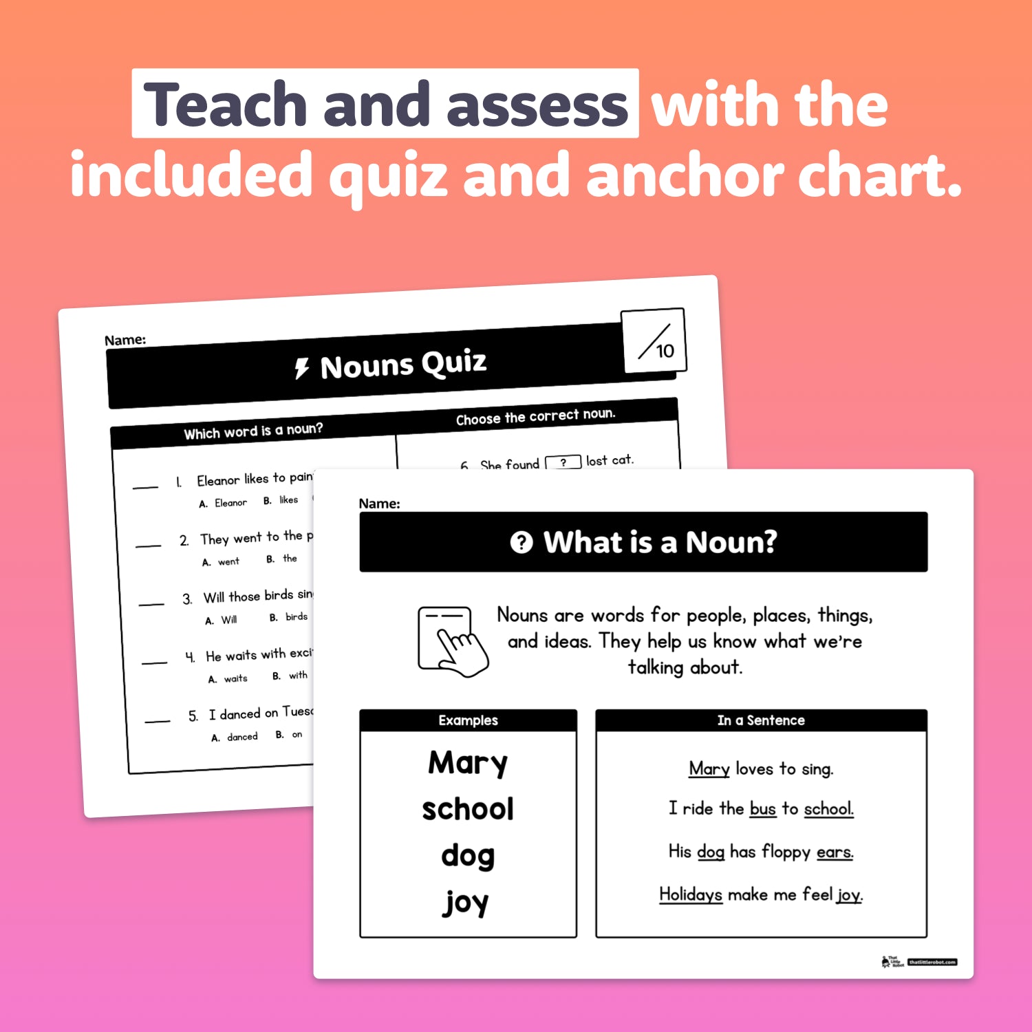 Educational materials including a quiz and anchor chart on a gradient pink and orange background.