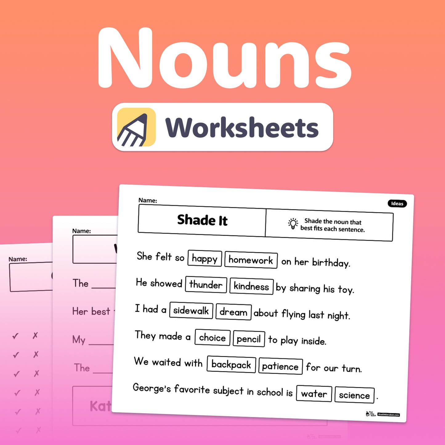 Nouns worksheets with a pink gradient background