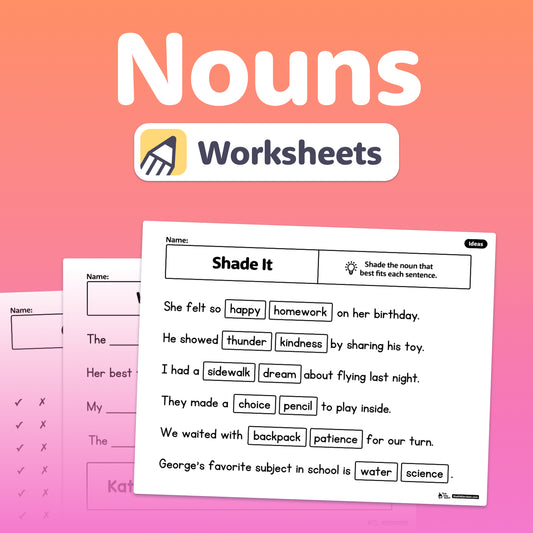 Nouns worksheets with a pink gradient background