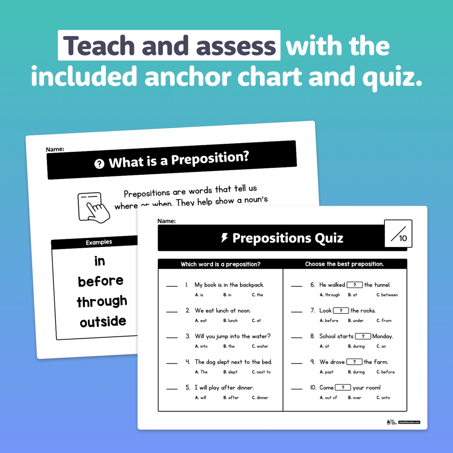 Printable worksheets and a quiz with exercises about prepositions.