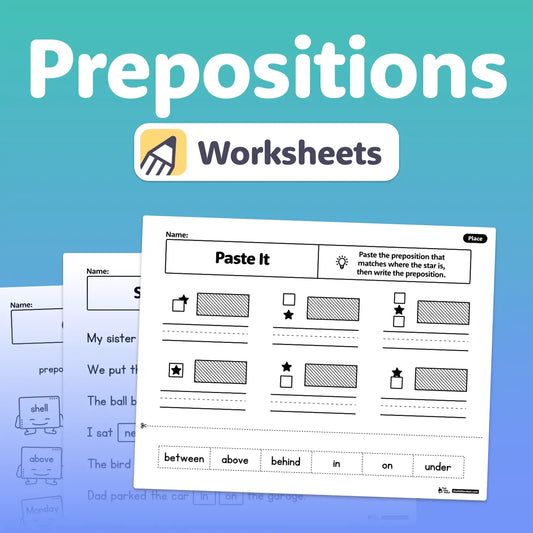 Printable worksheets with fill-in-the-blank and matching preposition activities.