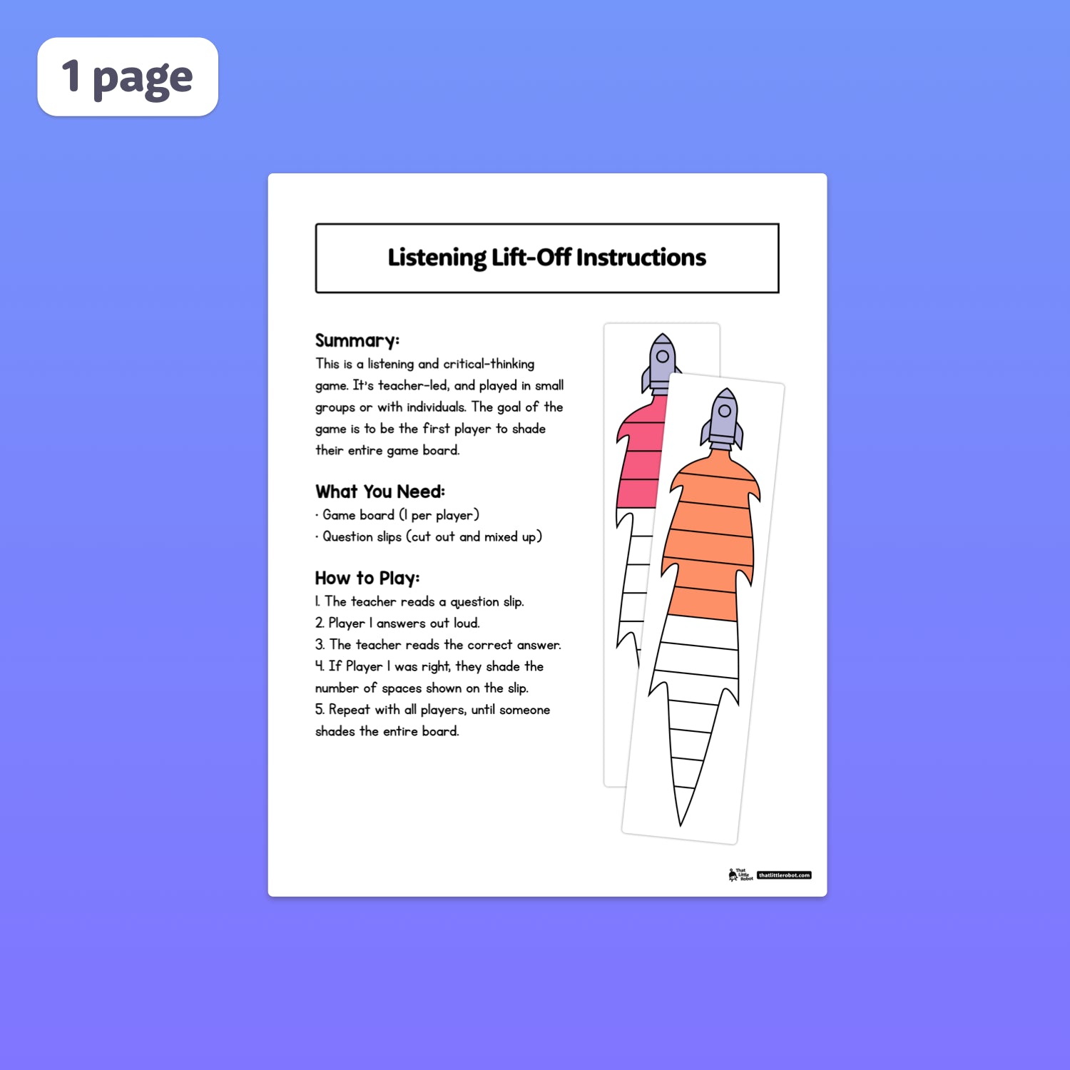 Two rocket-shaped pieces and a set of printed game instructions are shown.