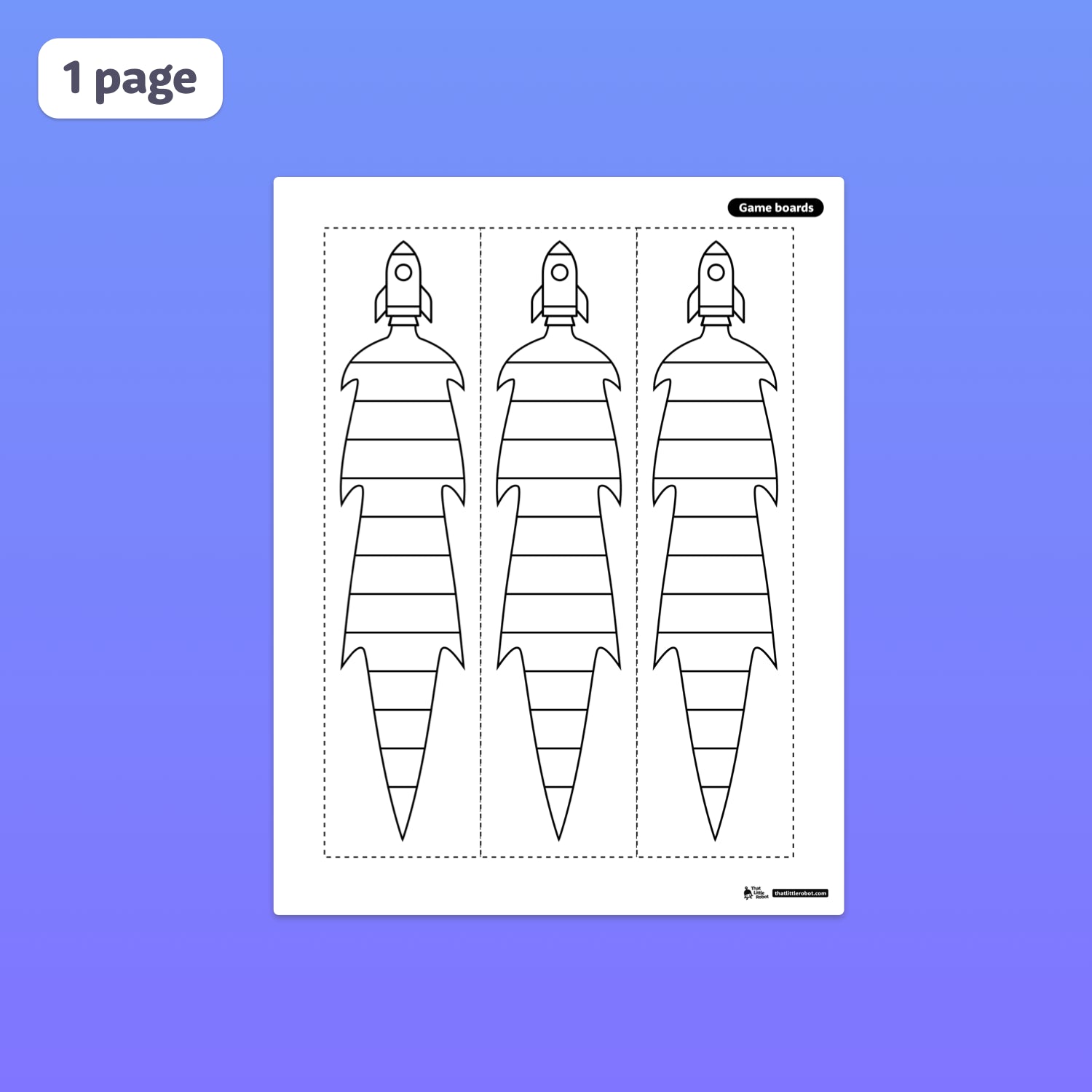 Printable page displaying three outlined rocket-shaped game boards.