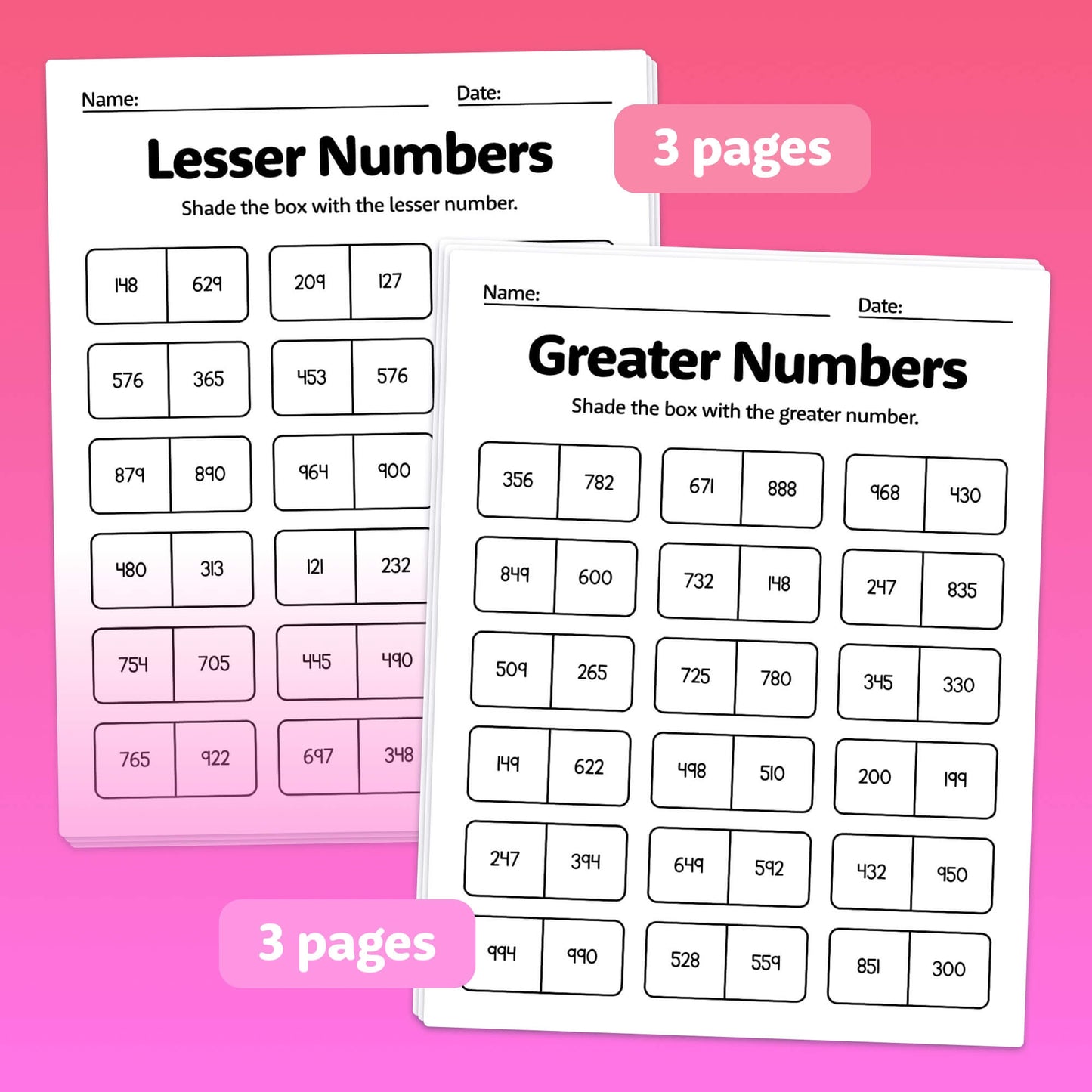 Lesser numbers and greater numbers activities