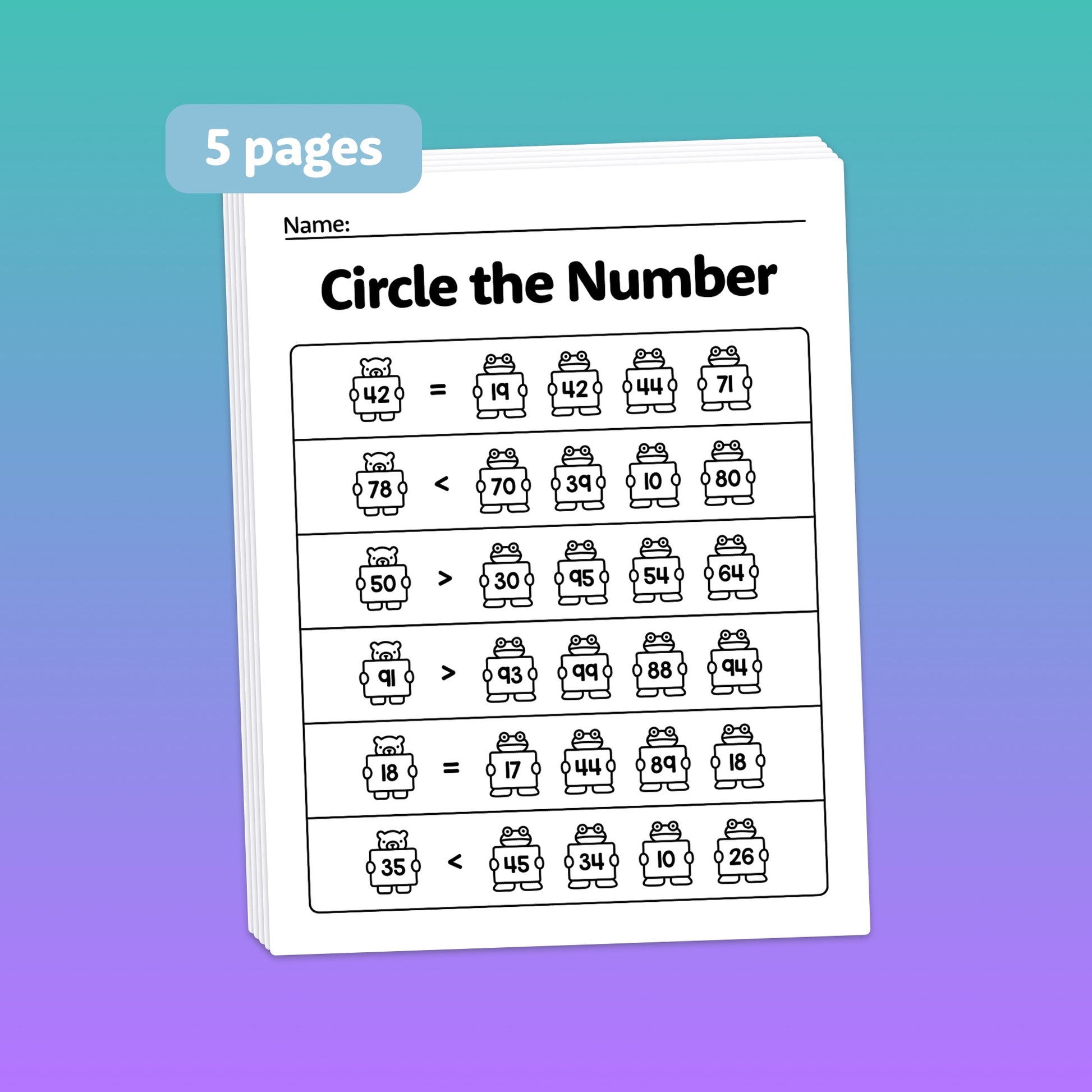 Worksheets titled "Comparing 2-Digit Numbers" for practicing greater and less than.