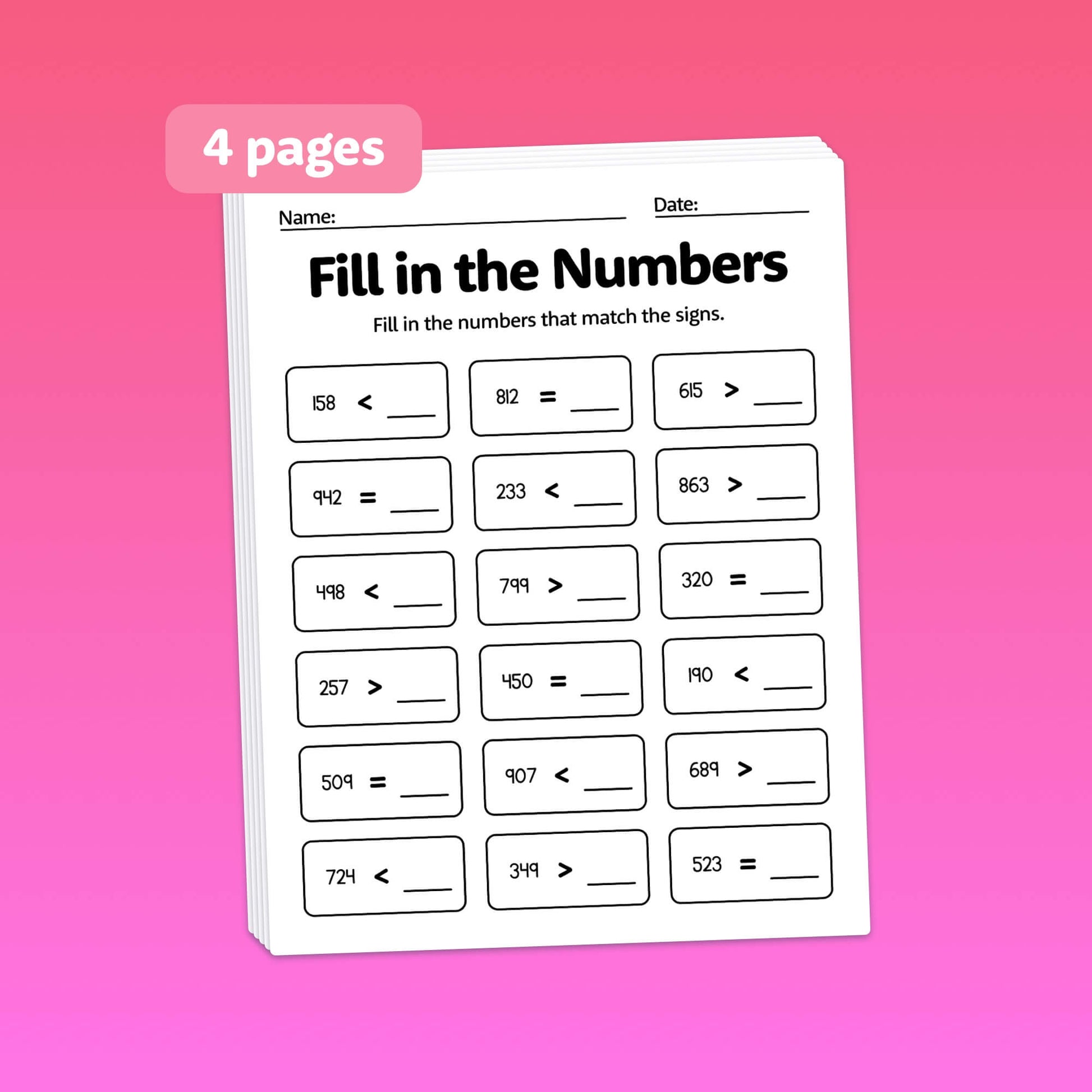 Fill in the numbers with comparison signs activity