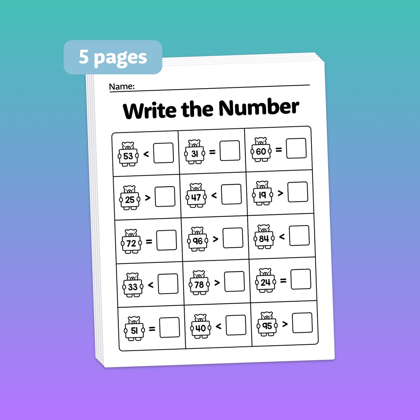 Stack of worksheets titled "Write the Number" for comparing 2-digit numbers.