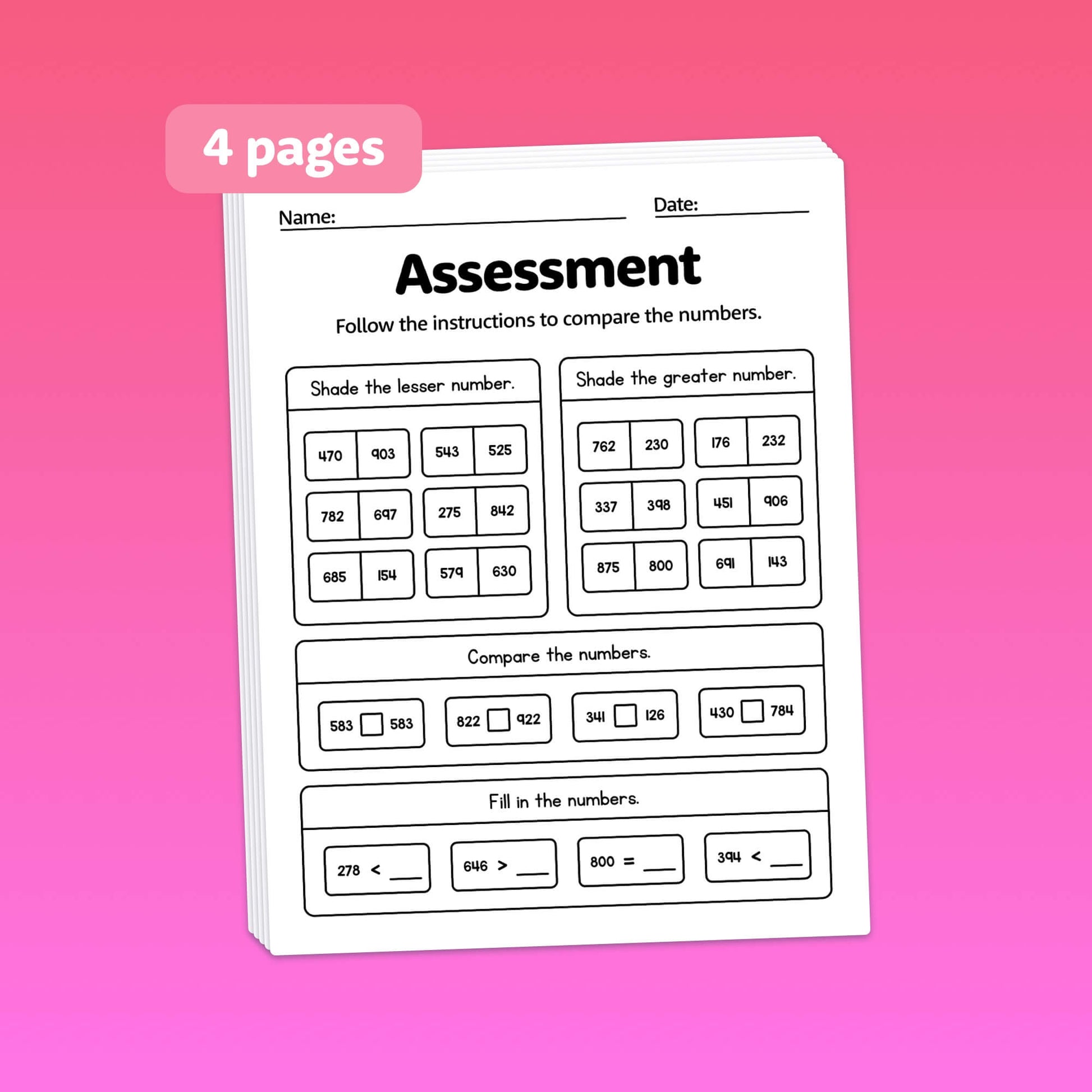 Compare 3 digit numbers assessments, quizzes, and tests