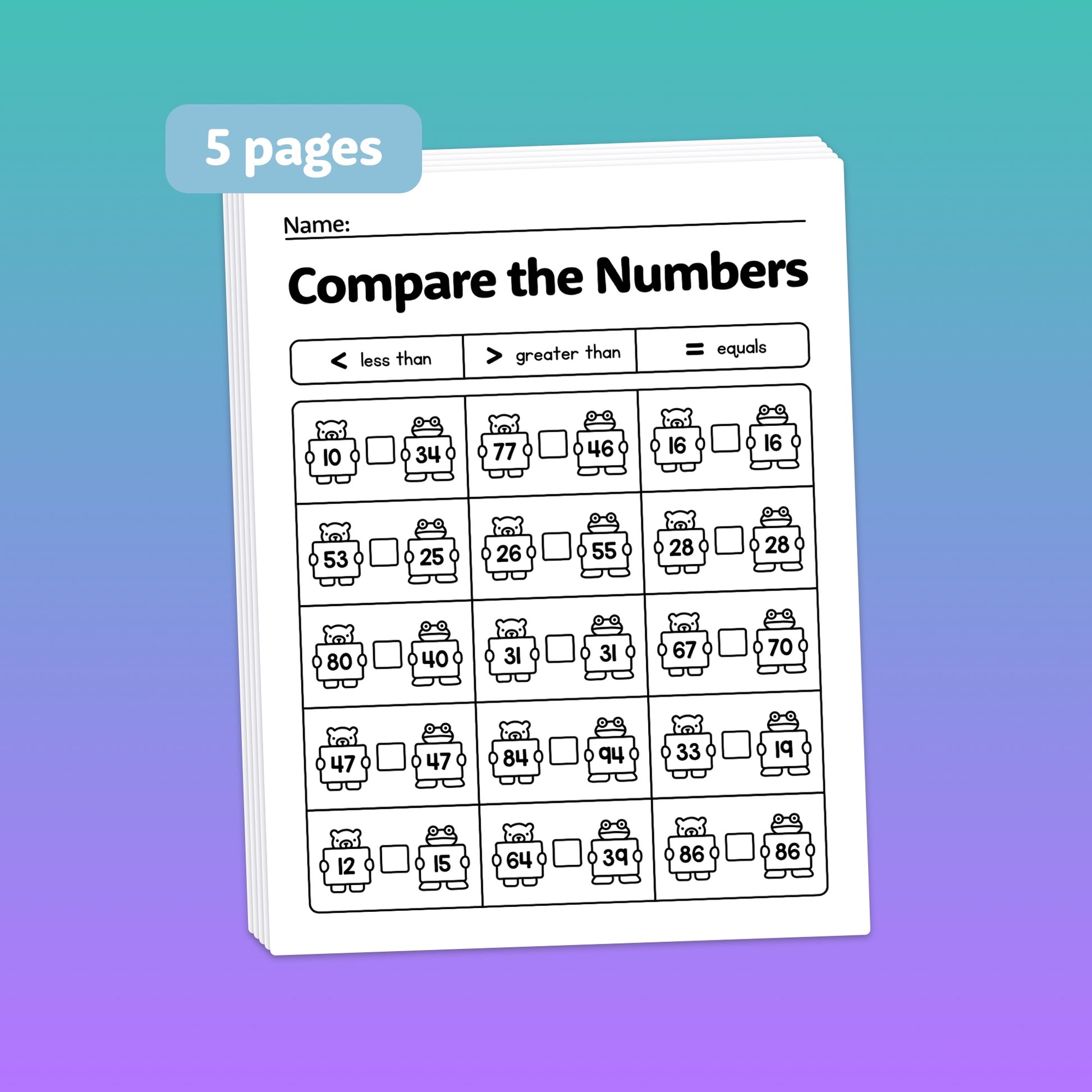 Worksheet titled "Comparing 2-Digit Numbers" with number comparisons and symbols.