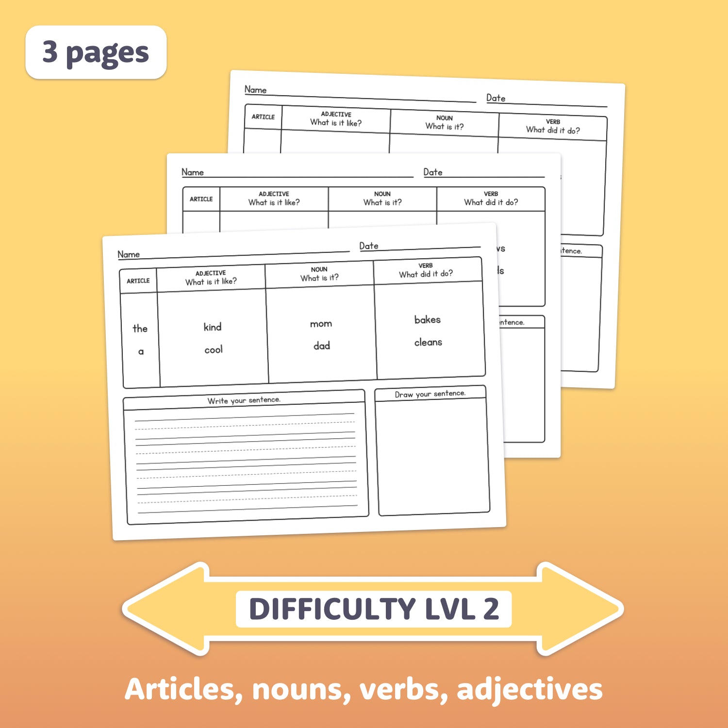 Three worksheet pages with fill-in-the-blank sentences and word boxes.