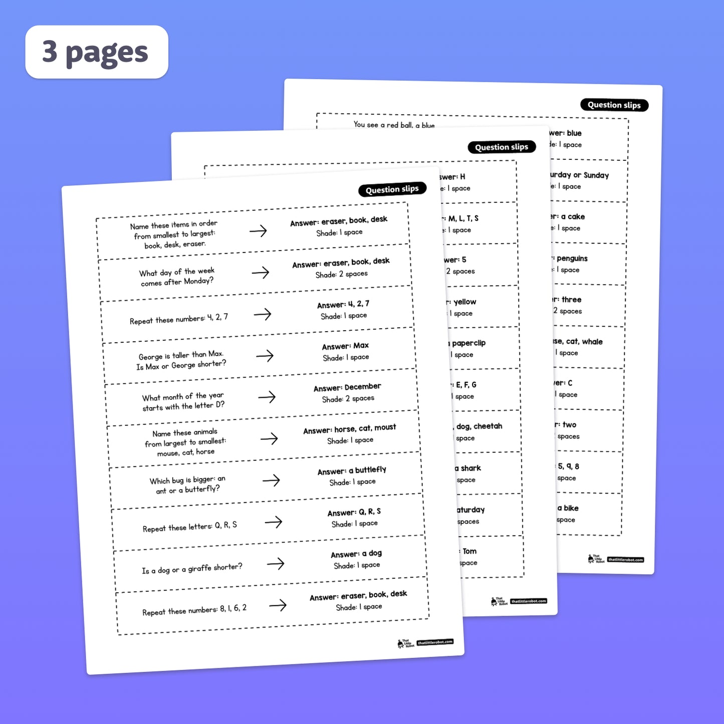 Three printable worksheets with listening activities and illustrated prompts are shown.
